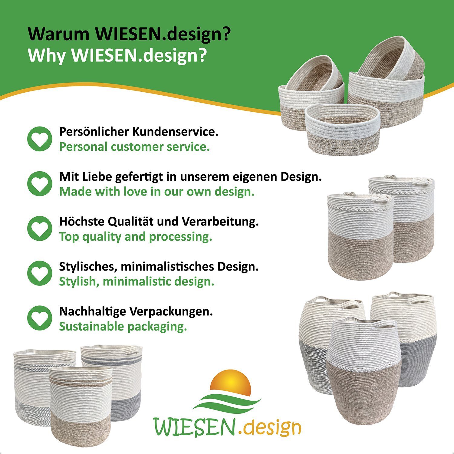 Waschsack WIESEN.design Wäschesack, Hellbraun/Weiß, schwerem großem gratis Baumwolle, 100% Großes-Set, (5-teilig) Versand inkl. Mira Aufbewahrungskorb und Set
