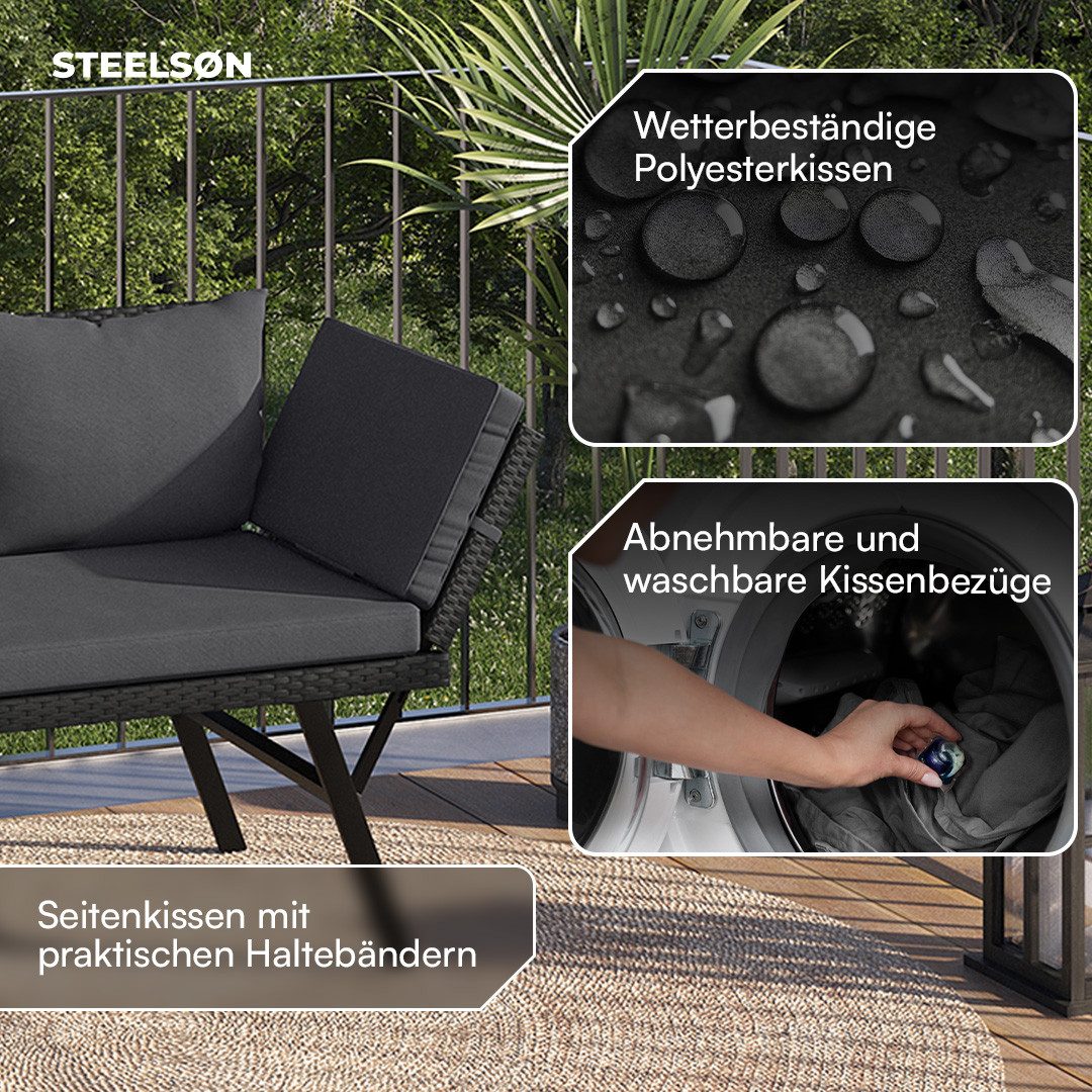STEELSØN Gartenbank Elytra Relax-Lounge mit klappbaren Armlehnen, 4 Positionen, wetterfest (schwarz/anthrazit, inkl. Kissen), Sitzbank mit Liegefunktion bis 177 – Bild 5 von 5