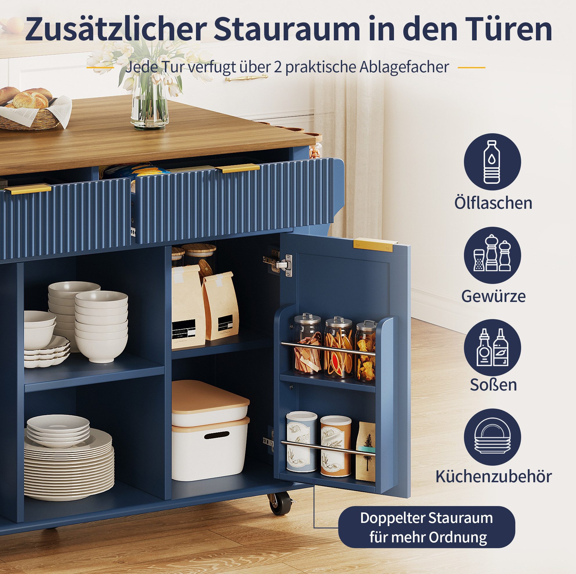 REDOM Kücheninsel Küchenwagen mit klappbarer Fläche und praktischem Stauraum, (120×45 cm Küchenmöbel Cloisonné-Blau mit Rollfunktion), Küchenschrank mit Schubladen Türen Gewürzregal Zubehör