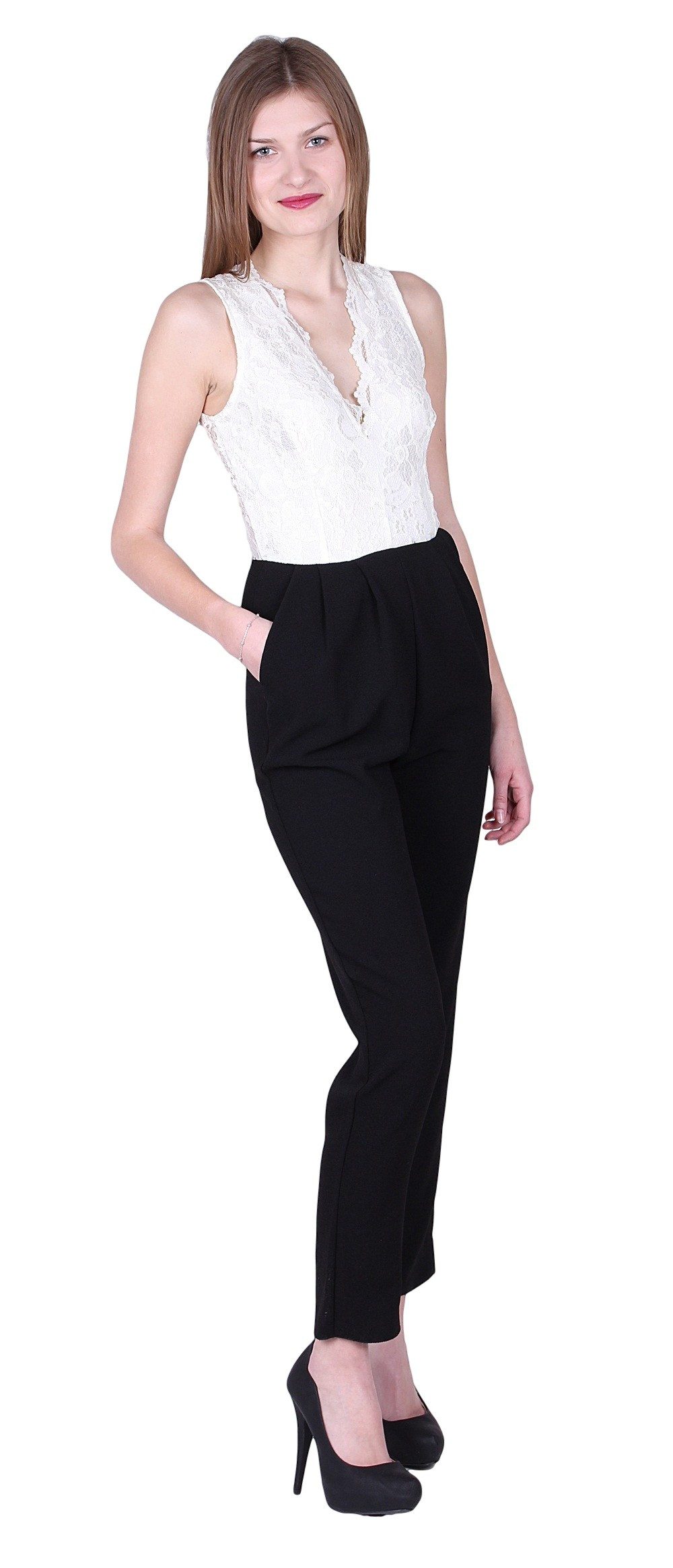Culotte-Overall John Zack Creme-schwarzer Overall mit Spitze L