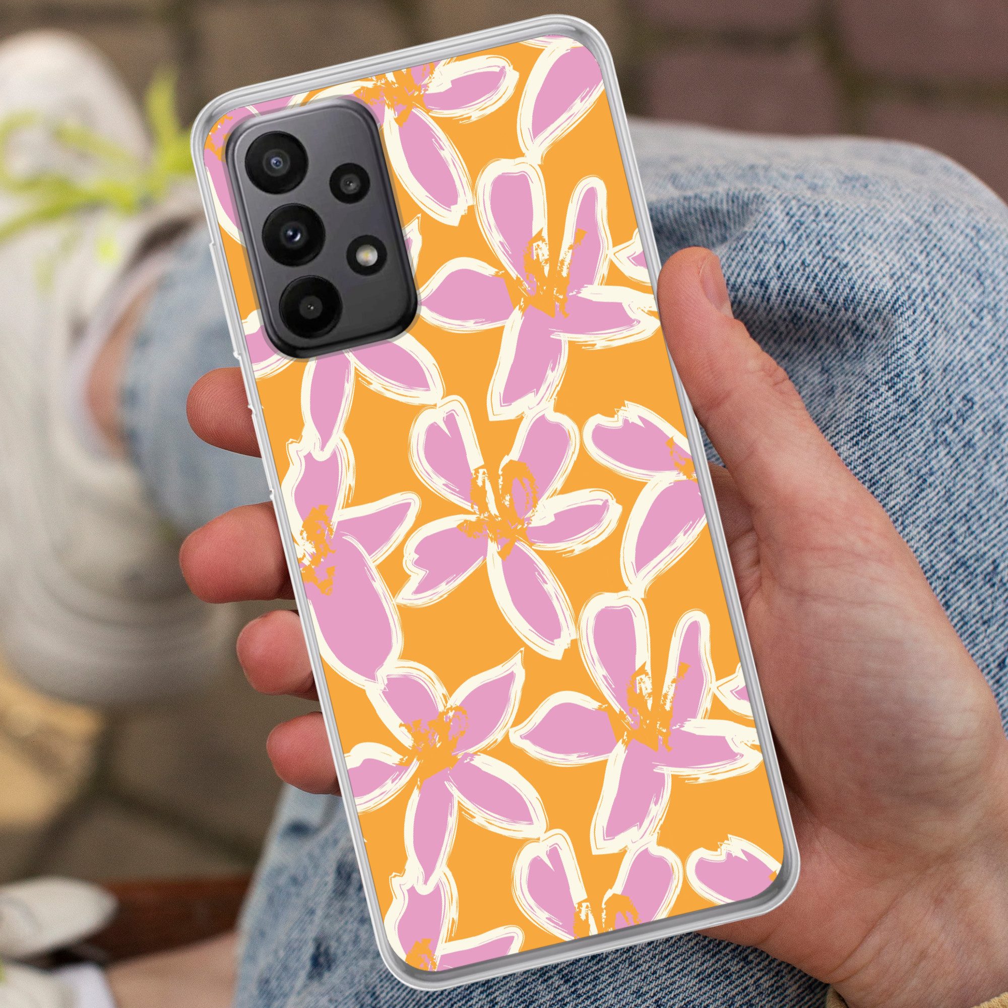 MuchoWow Handyhülle für Samsung Galaxy A23 5G Blumen - Muster - Rosa - Orange, Smartphone-Bumper, Print, Handy Schutzhülle Dünn