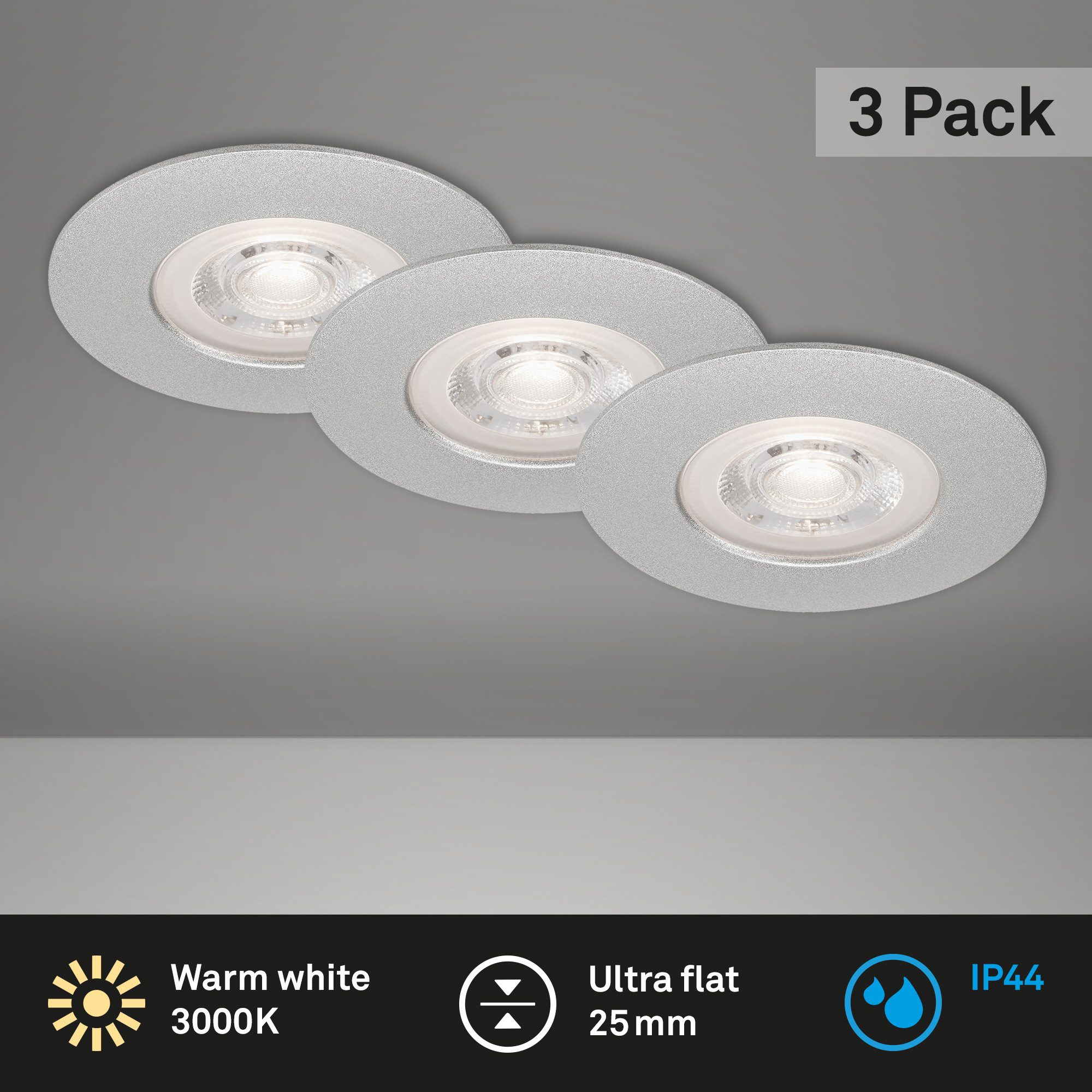 Briloner Leuchten LED Einbaustrahler Einbauleuchten Extra-Warmweiß 3er Set Bad IP44, LED fest integriert, 2700K - Extra - Warmweiß, Einbauleuchte 3er SET für Bad - IP44 Ø 9cm