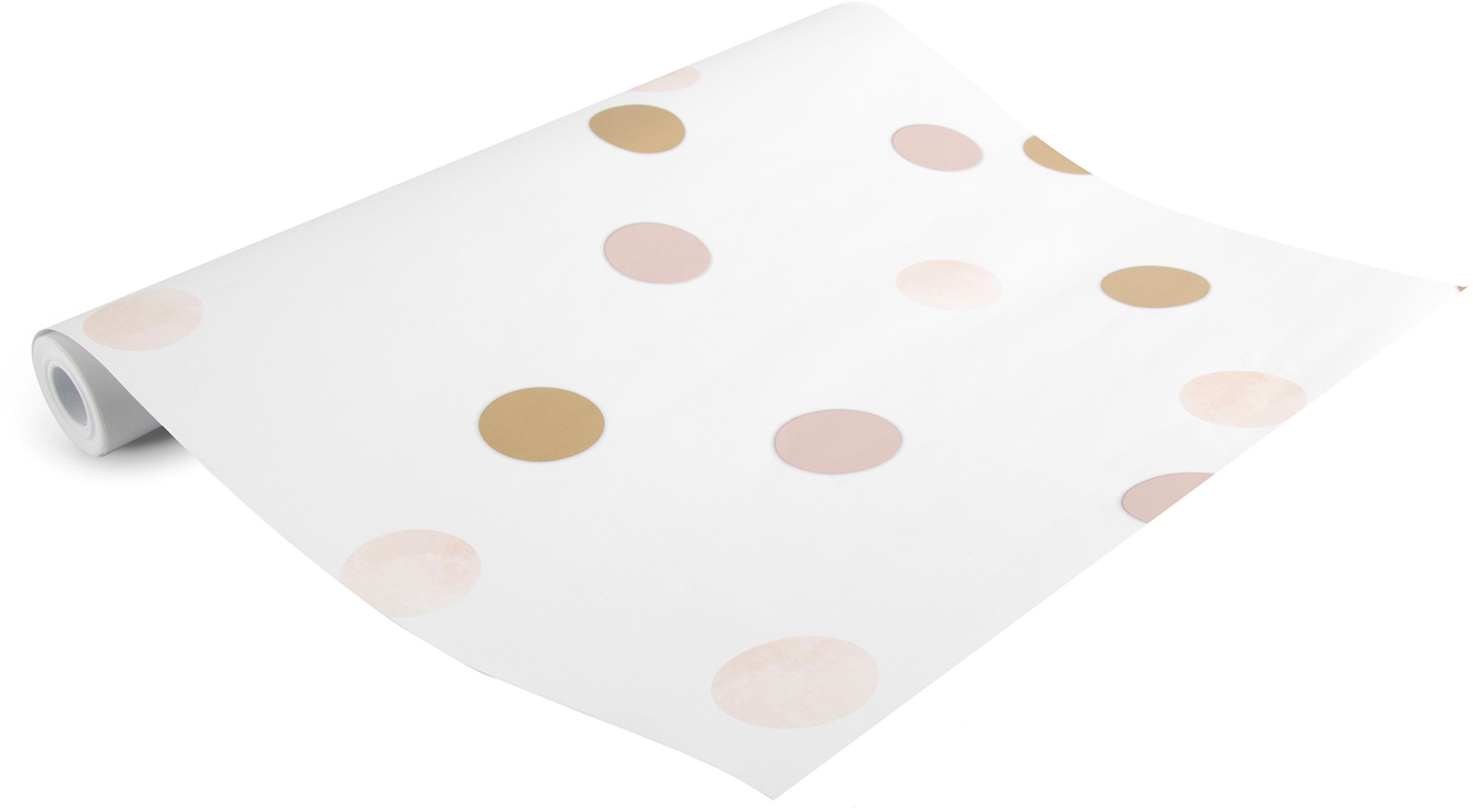 Art for the home Vliestapete Punkte, glatt, (1 St), Rosa/Gold - 10mx53cm