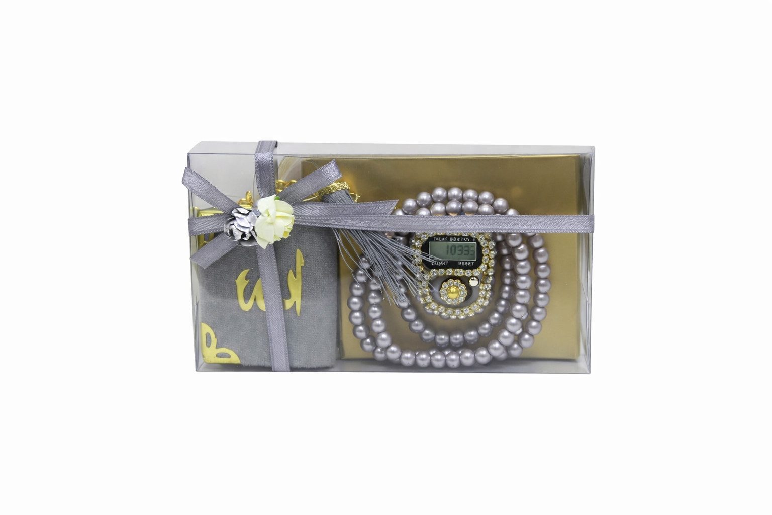 Aymasal Perlenketten-Set Islamische Geschenke 3tlg. 99 Perlenkette & Fingerzähler & Mini Koran, Dhikr Zähler mit Strasssteinen, schöne Geschenkverpackung