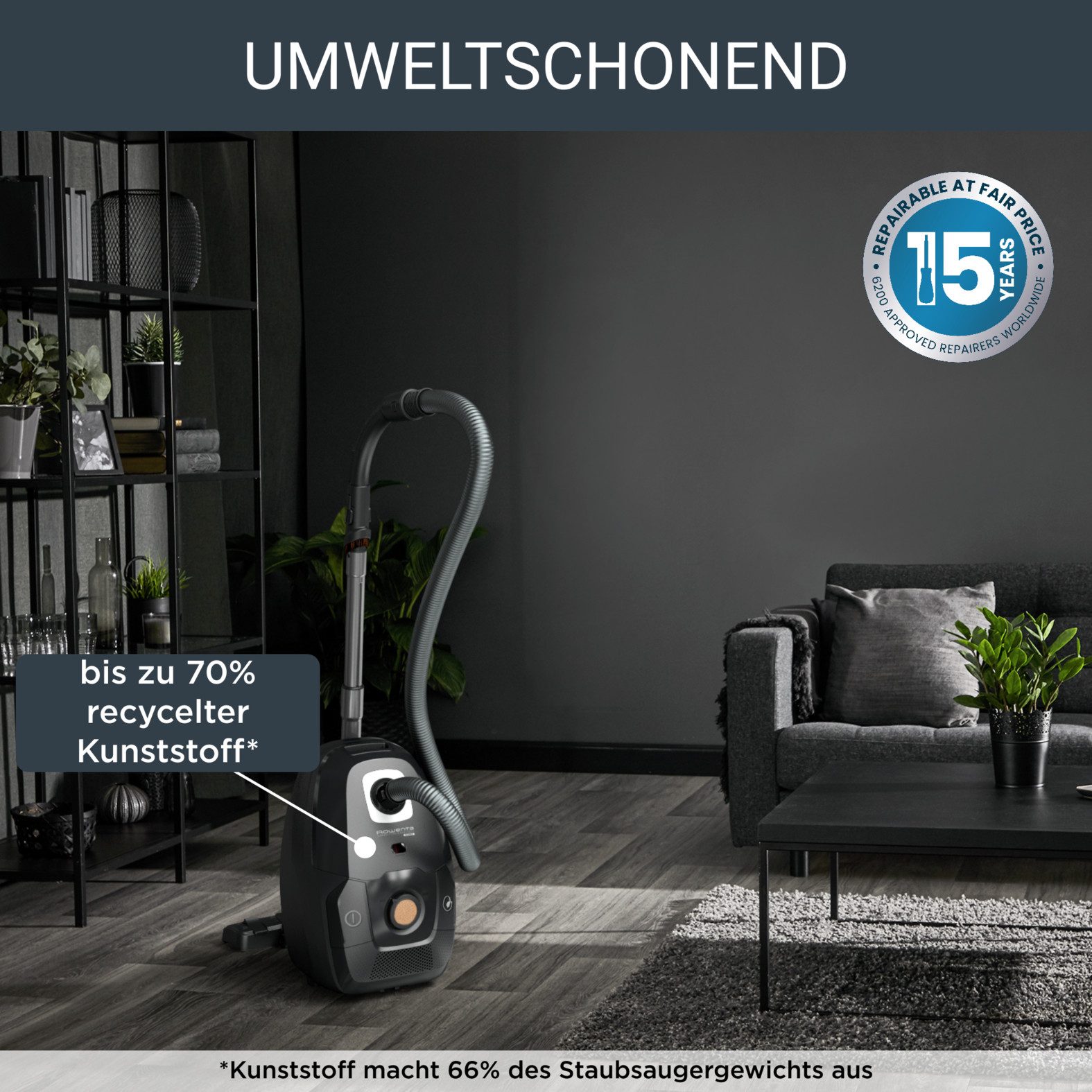 Rowenta Bodenstaubsauger Green Force Effitech, Staubsauger mit Beutel, großer Aktionsradius, 400 W, mit Beutel, Aus recyceltem Kunststoff, starke Saugleistung, RO6189