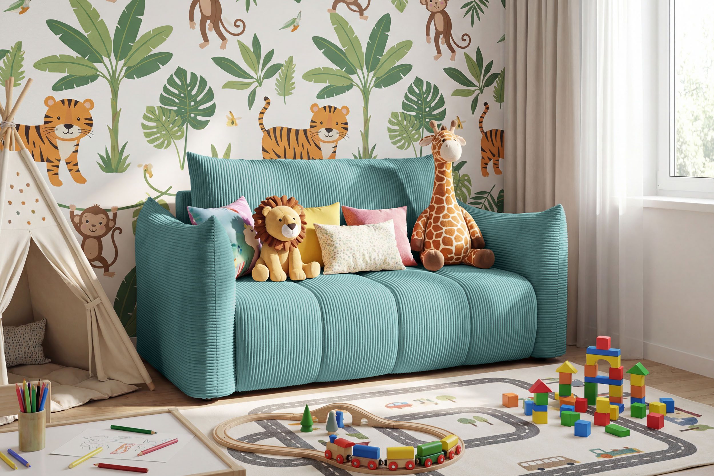 WFL GROUP Kindersofa Lilo Jugendsofa mit Schlaffunktion & Bettkasten, Schlaffläche 120 × 150 cm, 2-Sitzer, kleine Couch aus weichem Cordstoff fürs Jugendzimmer