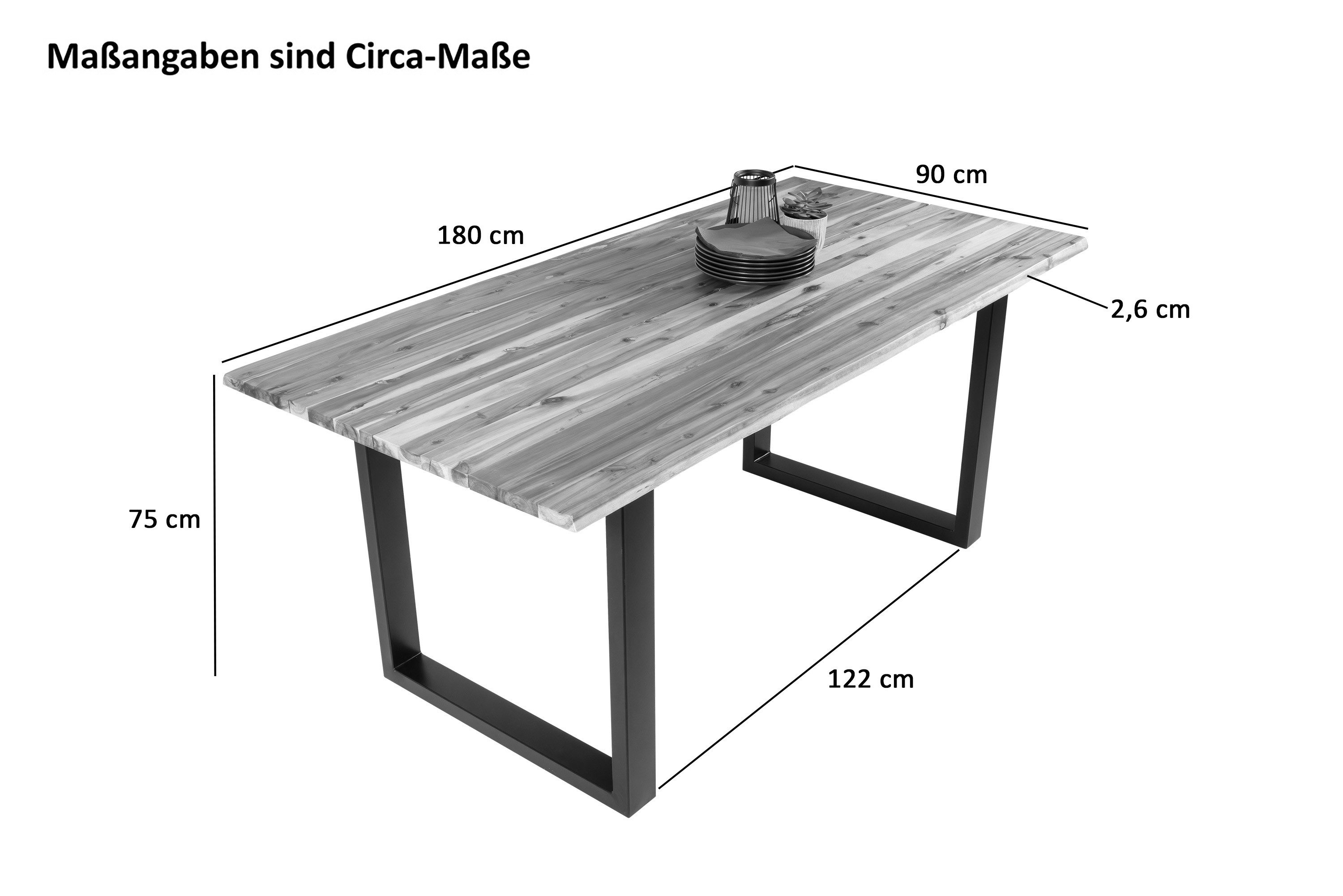 SAM® Essgruppe Kristall, Akazienholz, natürliche Baumkante, Metallgestell und Stühle grau