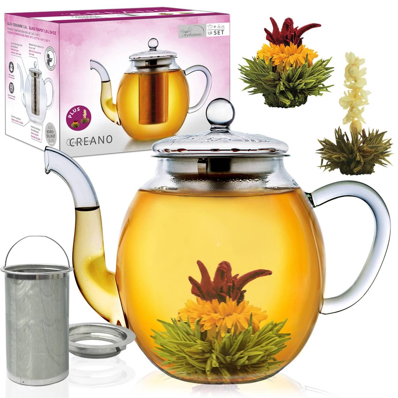 Creano Teekanne Teekanne aus Glas 1,0l - 2 Teeblumen - mit Edelstahl-Sieb und Deckel