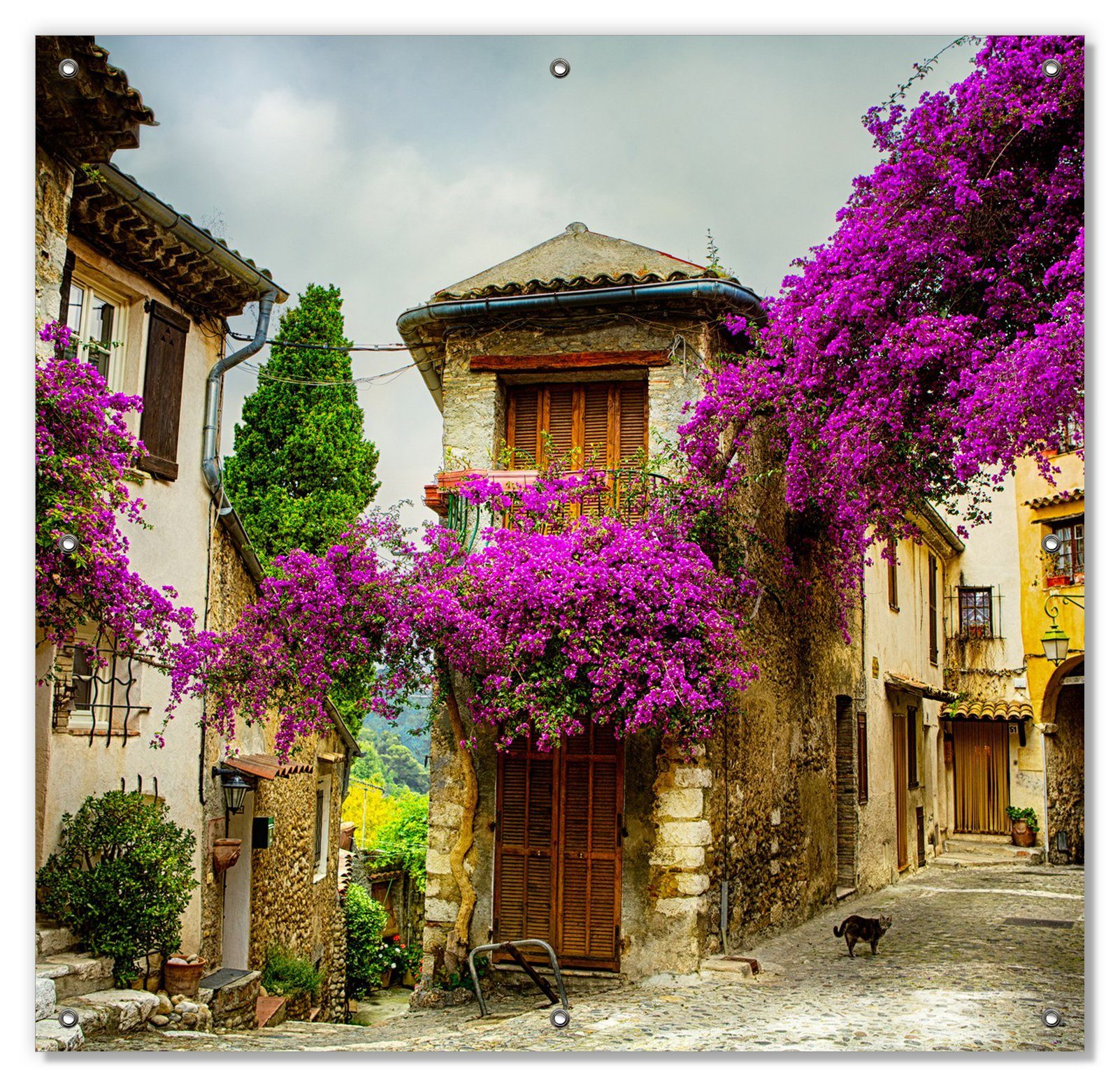 Sonnenschutz Malerische Stadt in der Provence mit bunten Blumen, Wallario, blickdicht, mit Saugnäpfen, wiederablösbar und wiederverwendbar