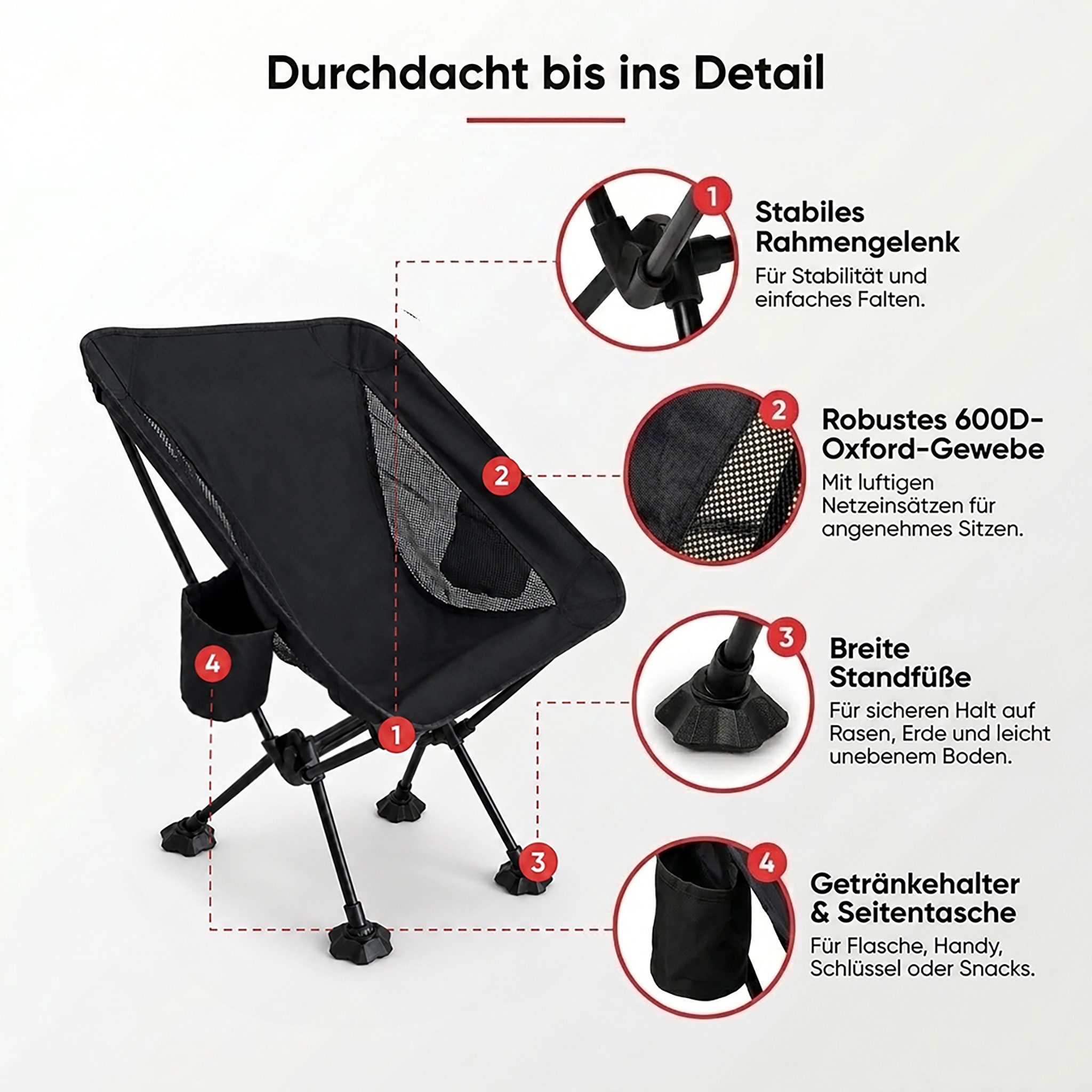 EVOCAMP Campingstuhl Gartenstuhl faltbar, bis 150 kg, klappbarer Anglerstuhl für Camping, mit Getränkehalter & Seitentasche – Bild 5 von 5