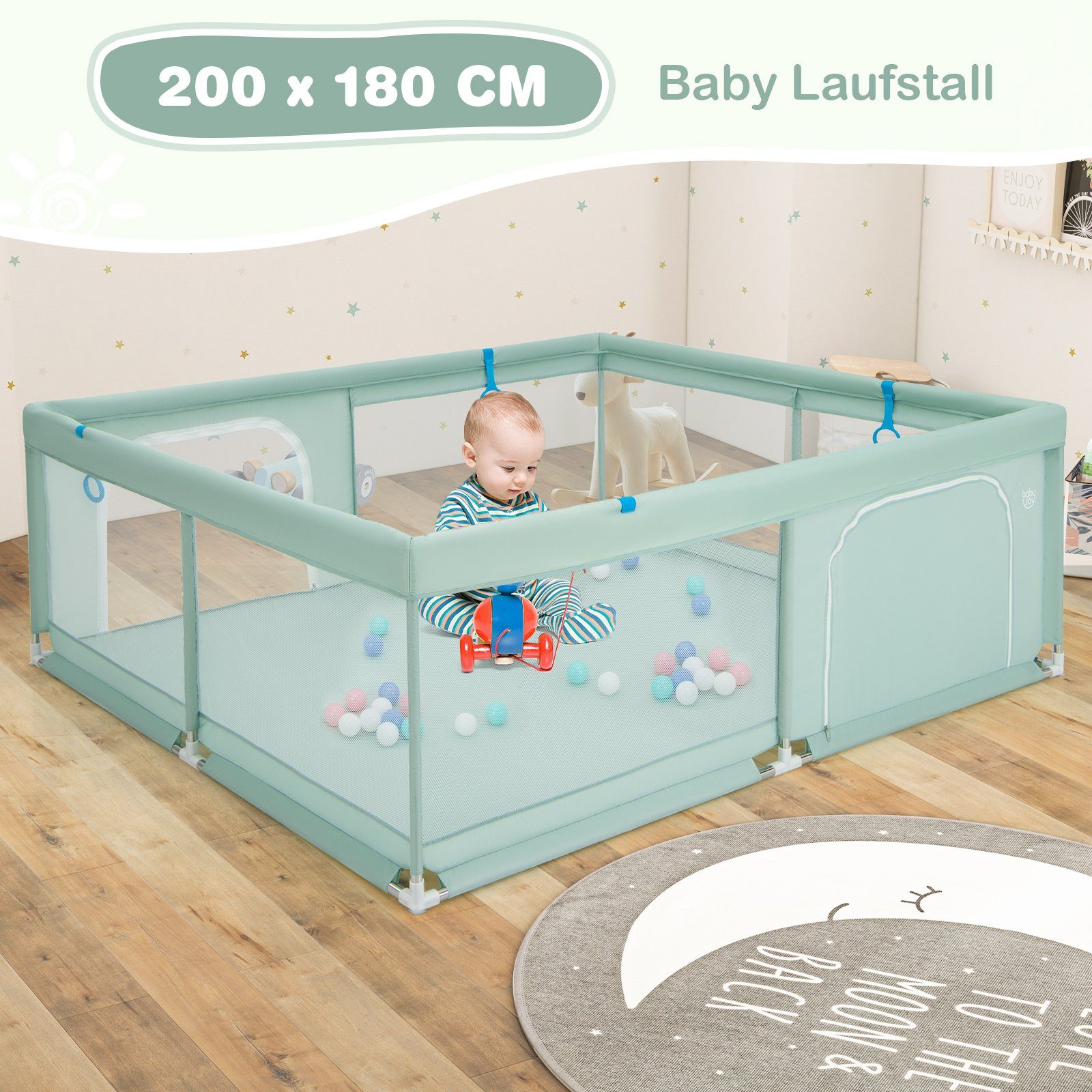 COSTWAY Laufstall Baby 50 180cm, x grün mit Bällen Laufgitter, 200