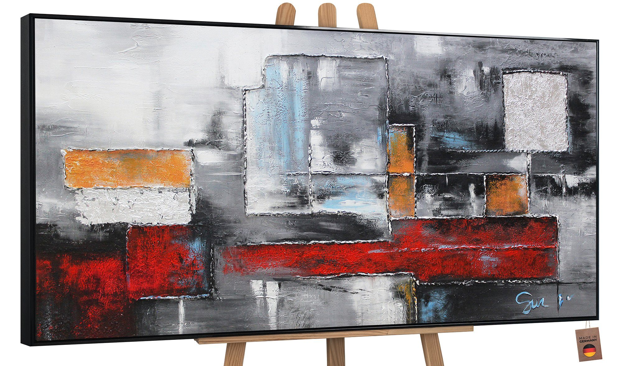 YS-Art Gemälde Abstraktion, Abstraktion, Abstraktes Leinwand Bild Handgemalt Quadrat Rechteck Rot Orange Mit Rahmen in Schwarz