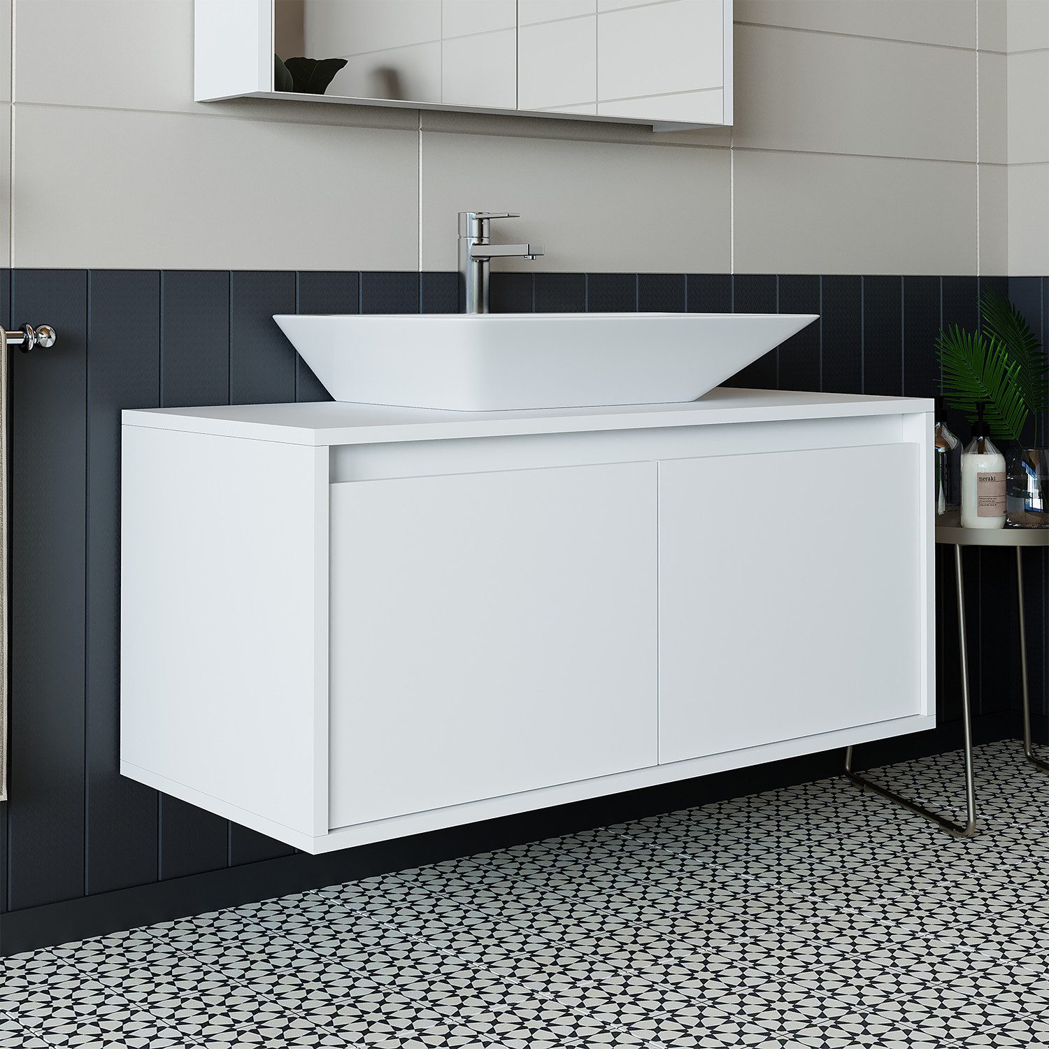 Roomart Badmöbel-Set ATLANTIC 100 cm, 5 Farben, opt. Keramik-Aufsatzbecken, Soft-Close, (Badezimmermöbel ATLANTIC 100cm in 5 Farben Waschtisch Unterschrank)