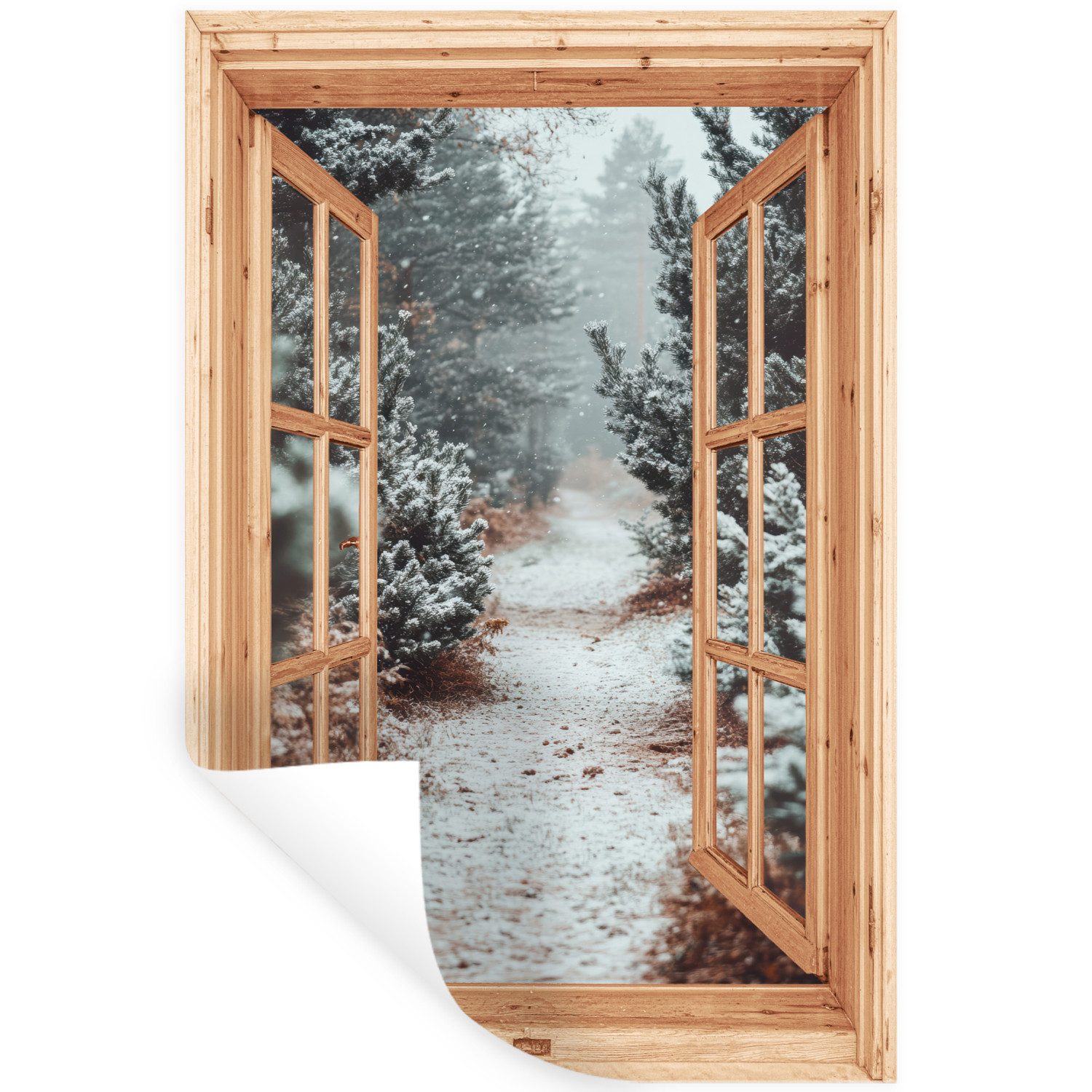 MuchoWow Wandsticker Wald - Winter - Bäume - Natur - Weg - Aussicht (1 St), Wandaufkleber, Selbstklebend, Wohnzimmer, 20x30 cm