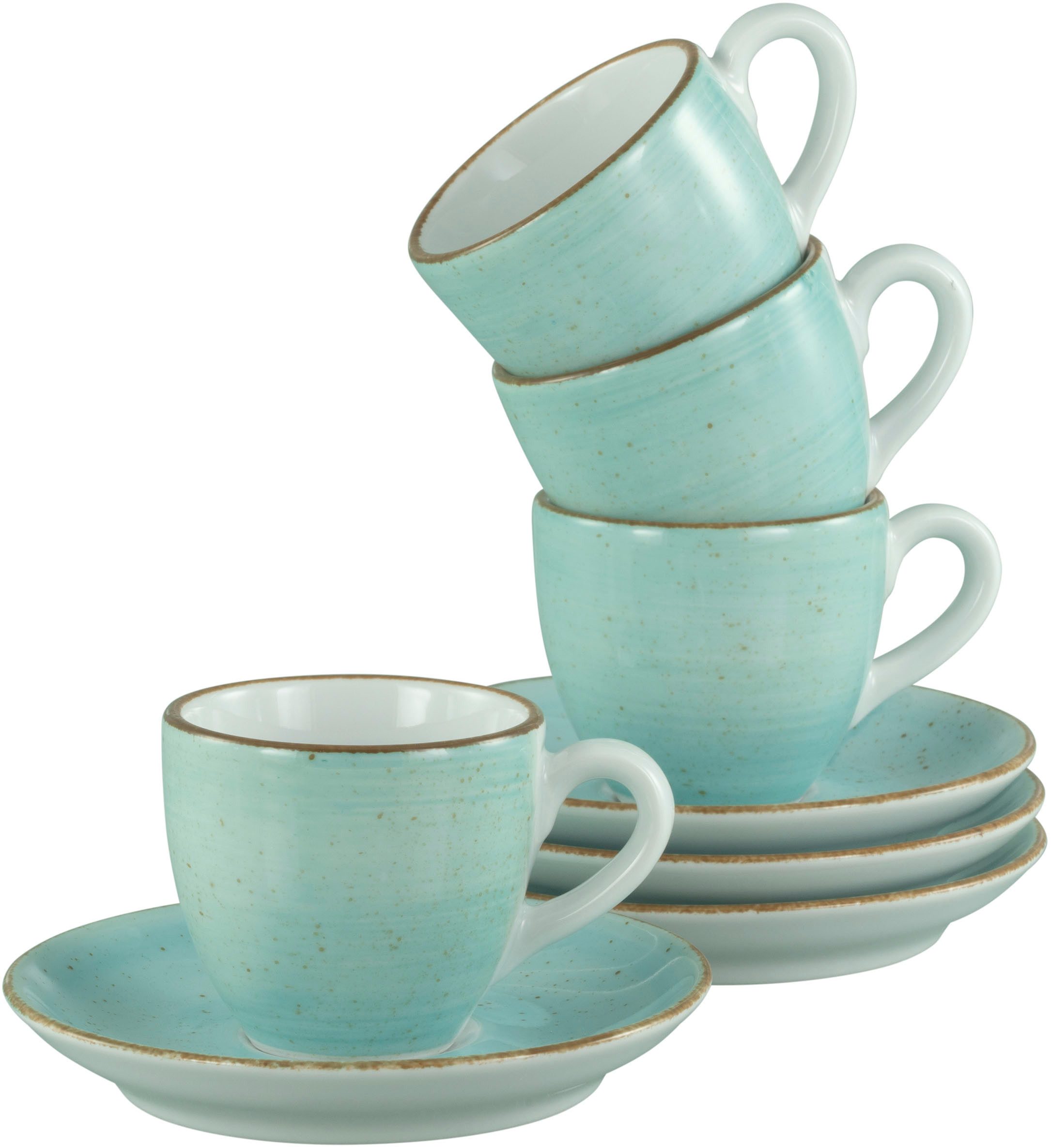 CreaTable Espressotasse Vintage Nature Aqua, Espresso-Set, 8-tlg., 8-tlg., Porzellan, Handgemalt, Gesprenkelt, Rustikales Außenband