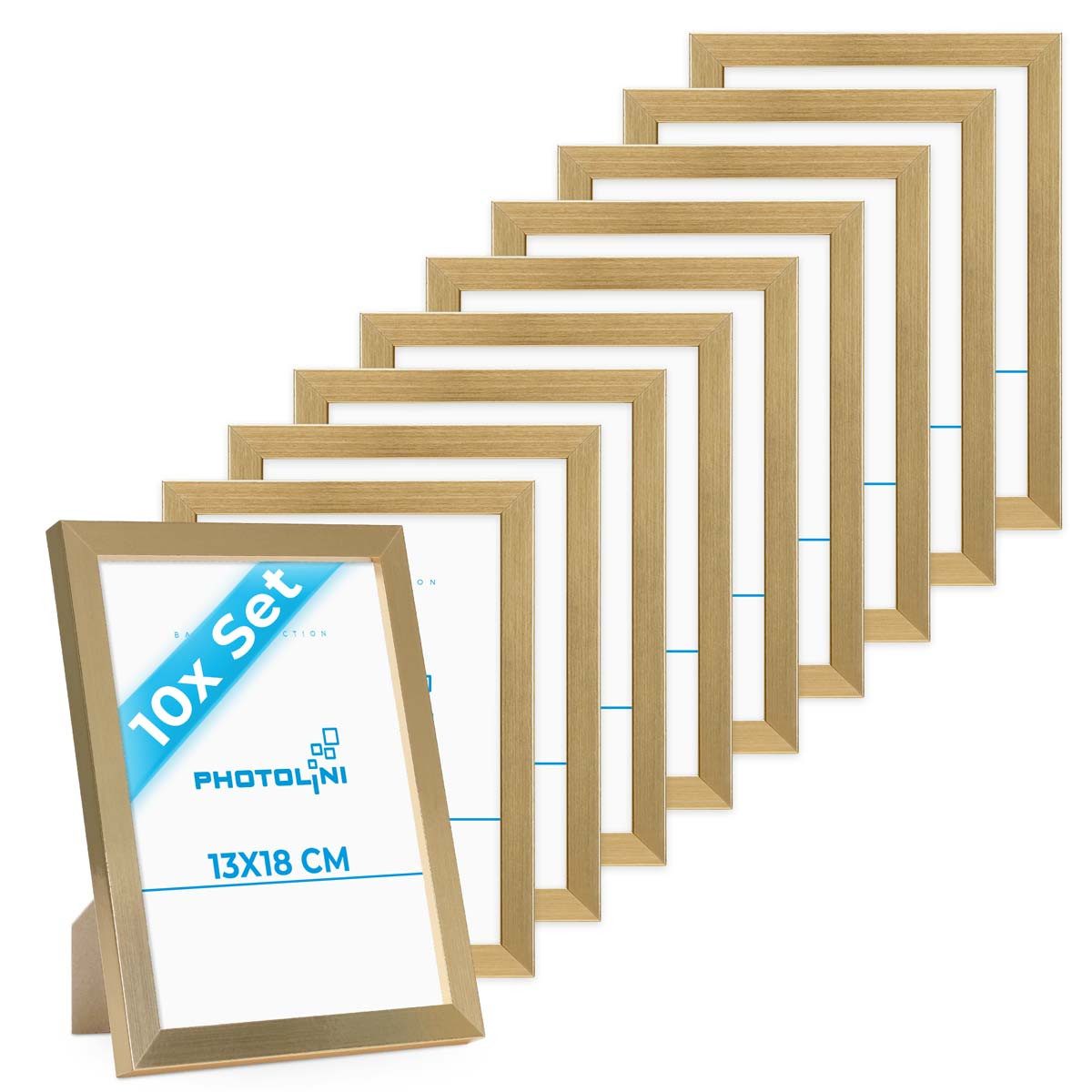 PHOTOLINI Bilderrahmen 10er Set modern mit bruchsicherem Acrylglas, Holz MDF, Fotos & Poster, für 10 Bilder (10er Set), Posterrahmen 13x18 cm Gold zum Aufhängen & Aufstellen