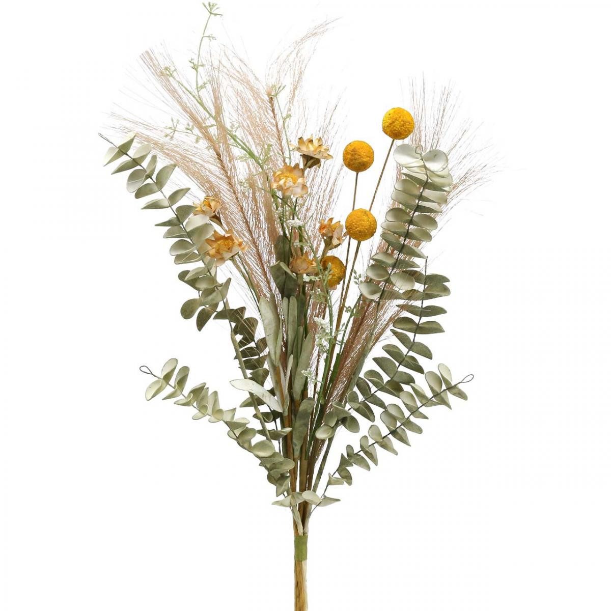 Kunstblumenstrauß Kunstblumen Craspedia Dekobund Eukalyptus Federgras günstig online kaufen