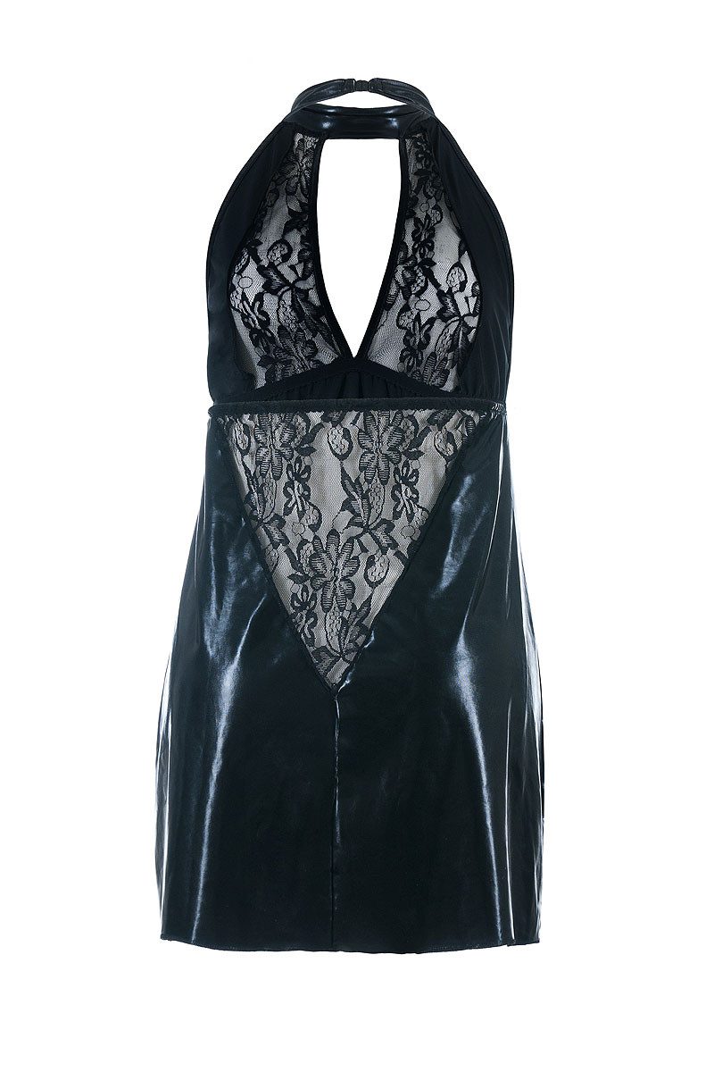 Andalea Spitzenkleid Minikleid schwarz Übergröße + Armstulpen Latex-Optik Wetlook (2-tlg) – Bild 4 von 5