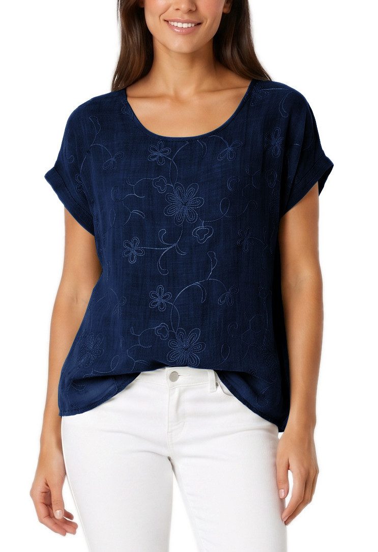dy_mode Kurzarmbluse Kurzarm Bluse Elegantes Baumwollshirt Damen einfarbig Blusenshirt in Unifarben, Rundhalsausschnitt, mit Blumenstickerei