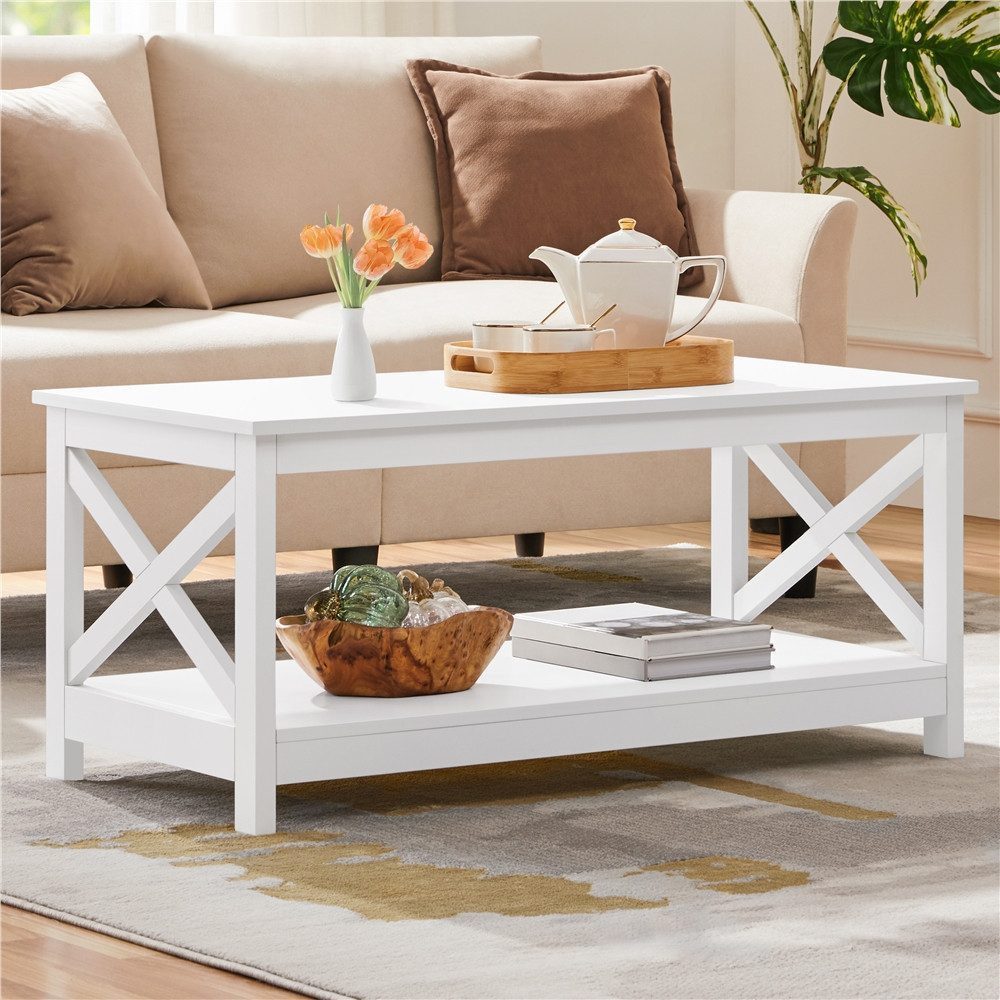 Yaheetech Couchtisch 100 × 50 × 45 cm, 2-Stufiger Wohnzimmertisch Kaffeetisch mit großer Ablage