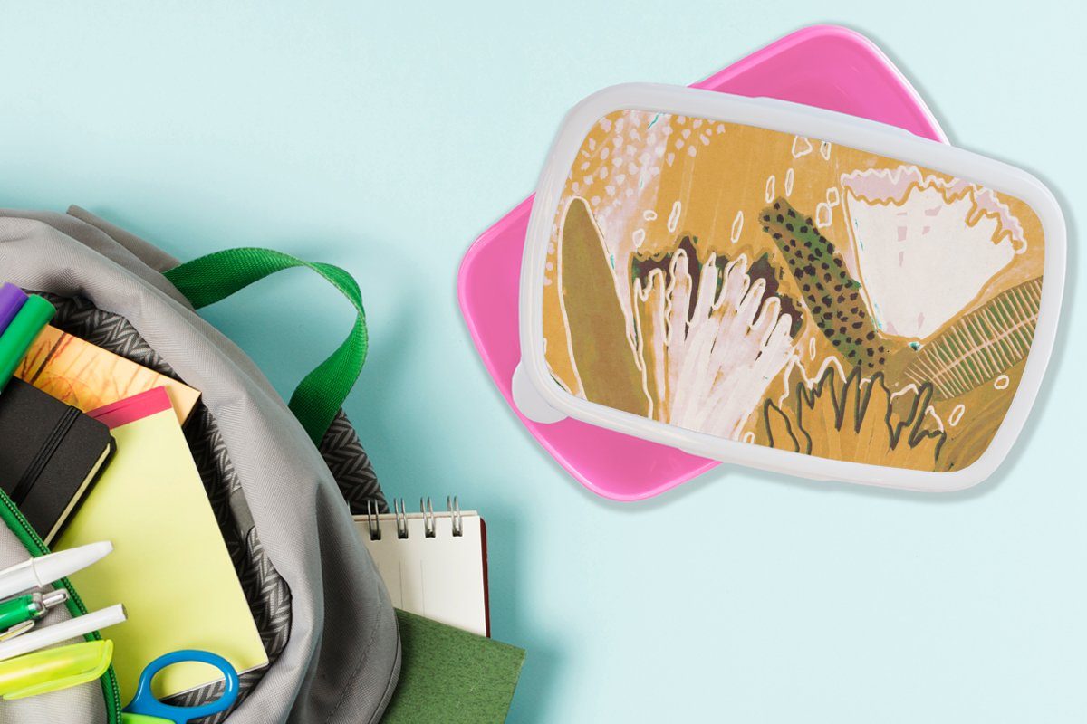 MuchoWow Lunchbox Blumen - Gelb Pflanzen, Kunststoff Kunststoff, für Erwachsene, Brotbox - Snackbox, Brotdose (2-tlg), rosa Mädchen, Kinder
