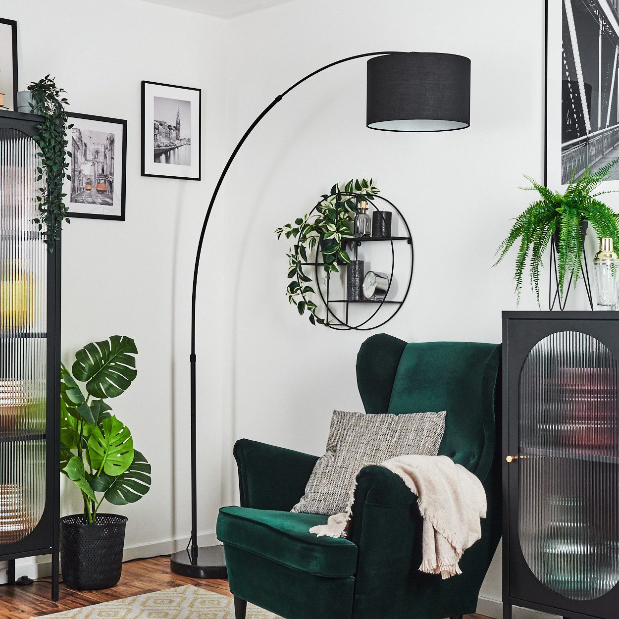 hofstein Bogenlampe Stehlampe mit Marmorfuß aus Metall/Stoff in Schwarz/Weiß, verstellbare Stehleuchte im modernen Design mit Fußschalter, E27