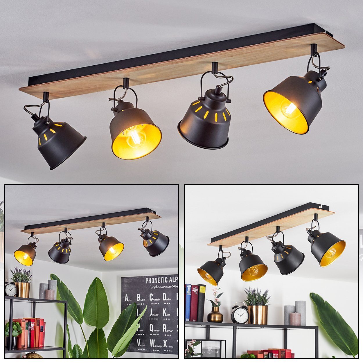 hofstein Deckenleuchte »Rimini« Deckenlampe aus Metall/Holz in Schwarz/Chrom/Gold/Hellbraun, ohne Leuchtmittel, Leuchte im Retro-/Vintage-Design mit verstellbaren Schirmen, 4xE14