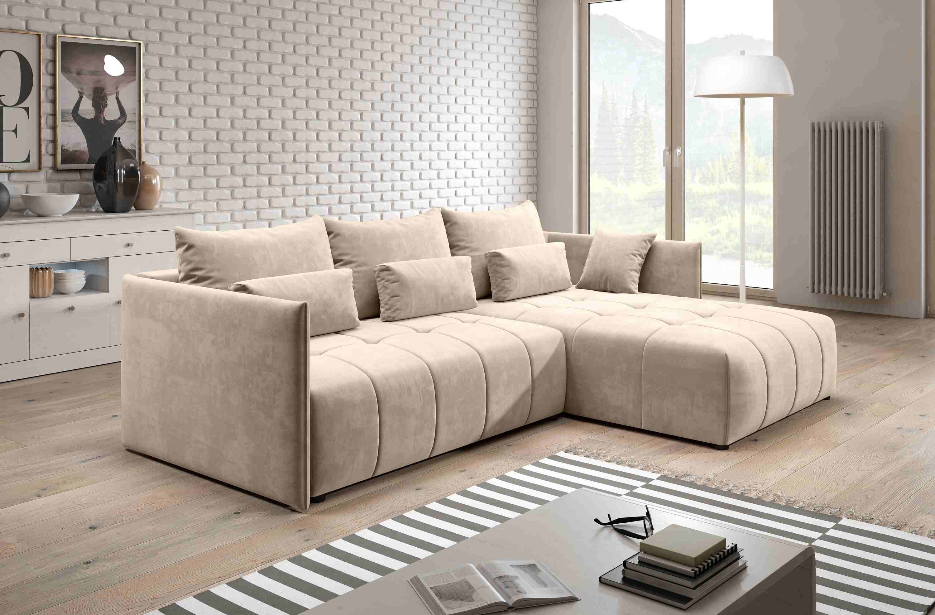 Europe Beige ausziehbar Bettkasten in Schlafsofa 02 MH YALTA Couch Furnix Ecksofa mit Kissen, Made und