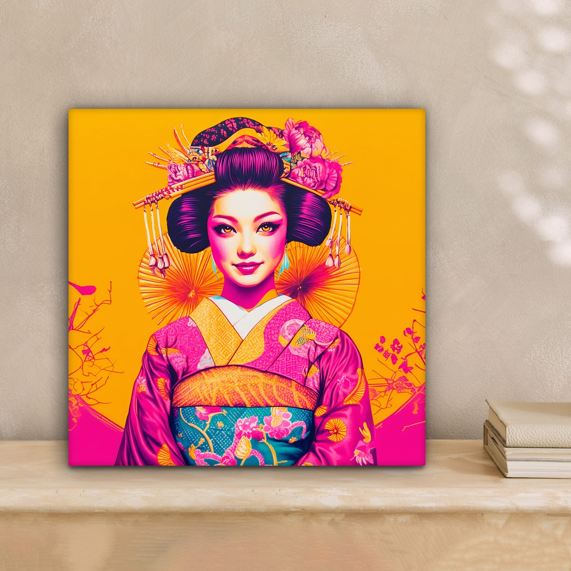 OneMillionCanvasses® Leinwandbild Blumen - Frau - Kimono - Rosa, Fotodruck (1 St), Wandbild, Deko Schlafzimmer Wohnzimmer Flur 20x20 cm