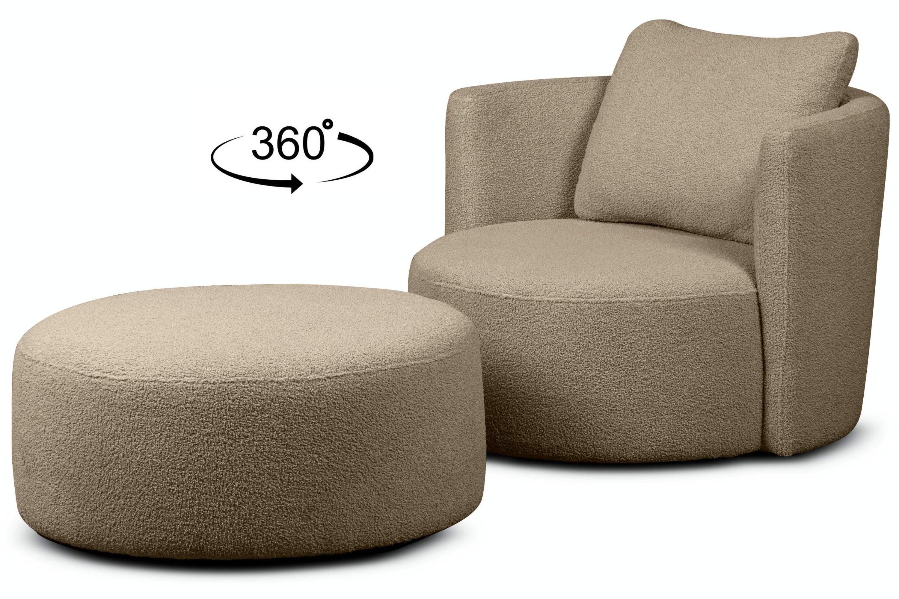 Konsimo Drehsessel RAGGI Sessel mit Sitzhocker, mit 360° Drehfunktion, Bouclé-Stoff, komfortables Sitzen