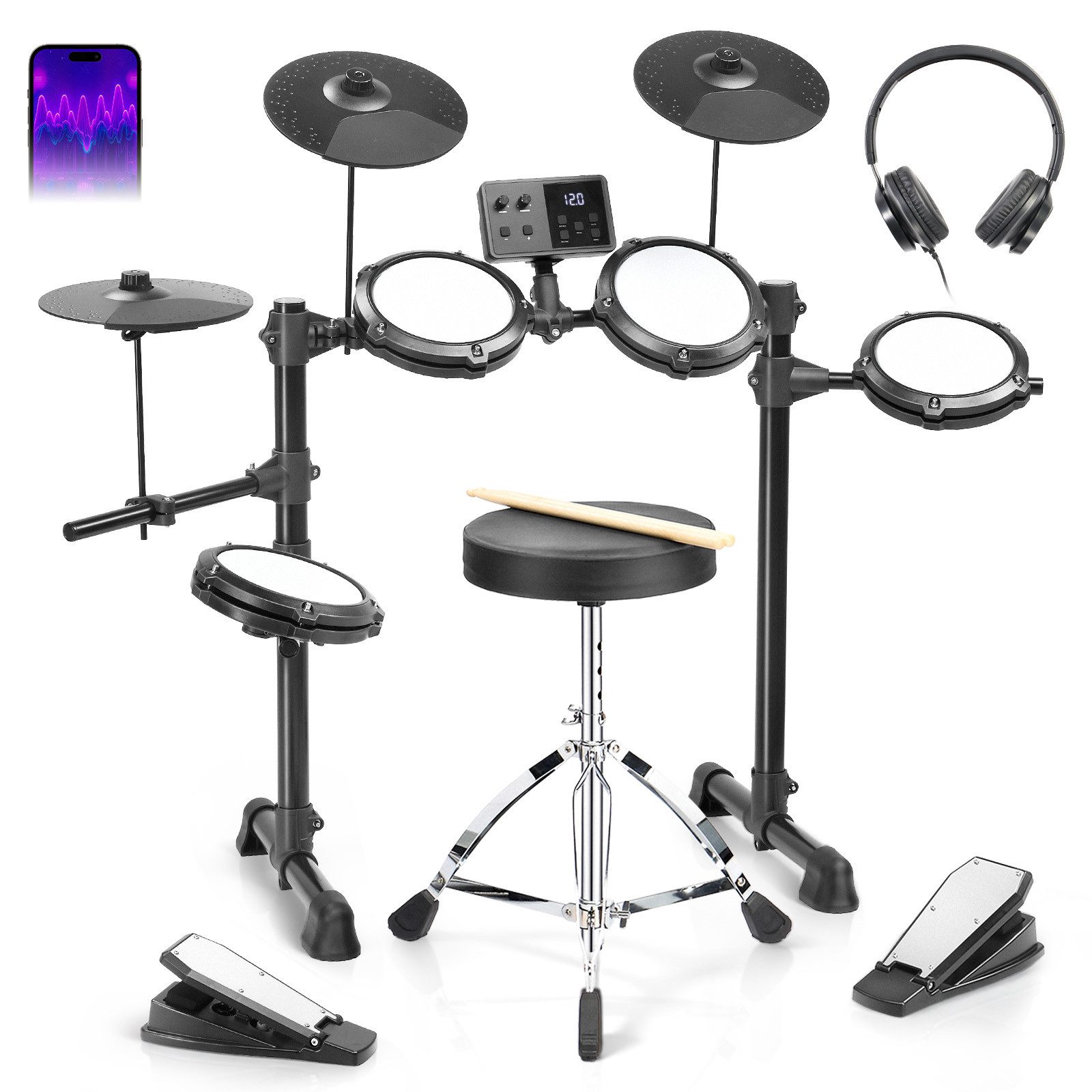 LALAHO E-Drum mit 4 Pads und 3 Becken Kinder Elektronisches Schlagzeug Set, E-Drum Kit 150 Töne 15 Schlagzeug-Kits, Kopfhörer Sticks Drumhocker