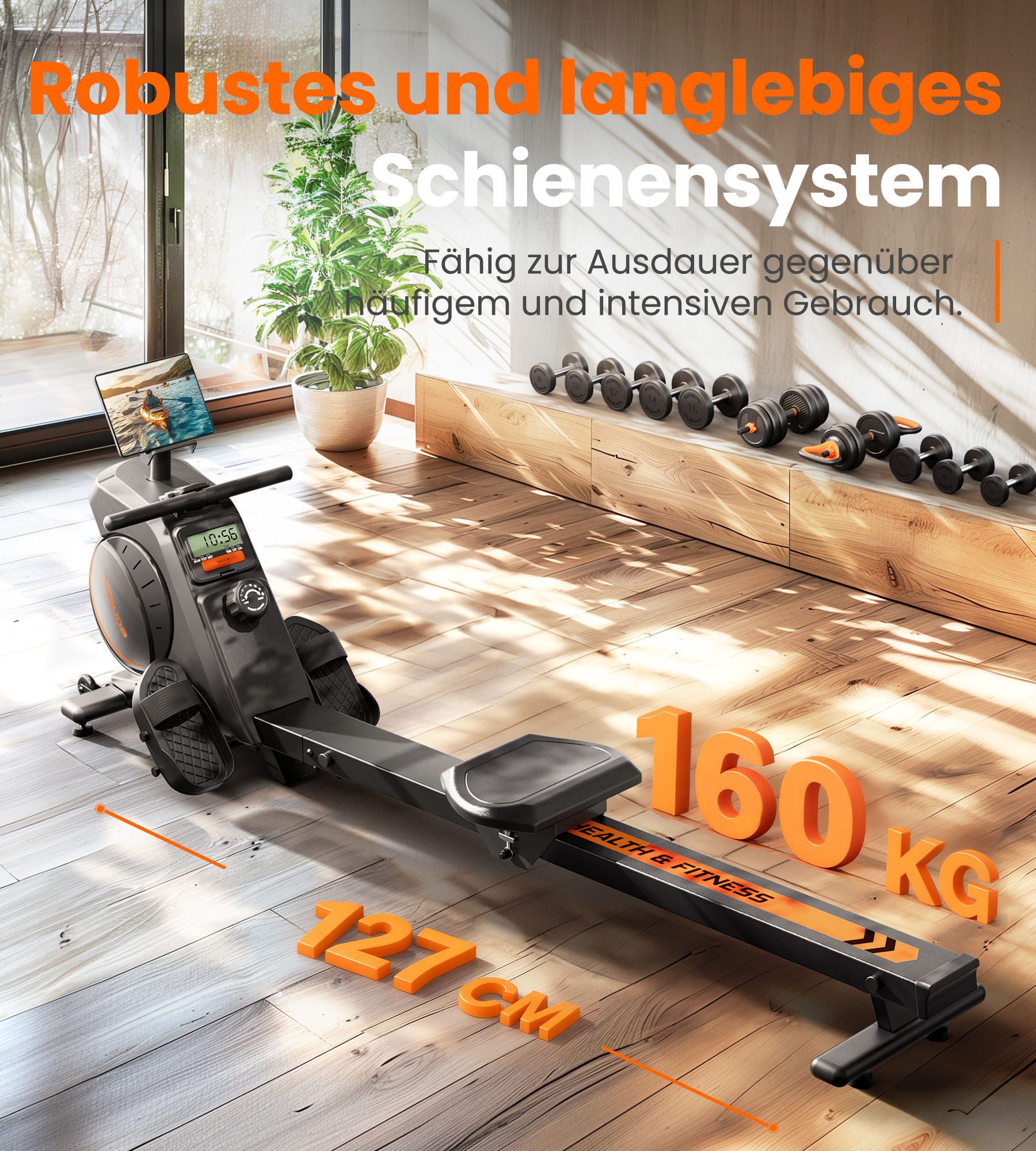 YOSUDA Rudergerät Rudergerät Zuhause, 16 Dynam. Widerstand, 90% Vormontiert (1-tlg., Ultra-Leise Magnetisch, Komfort-Sitz), Bluetooth/App, Alu-Schiene, Flaschenhalter, bis 160kg Belastbar