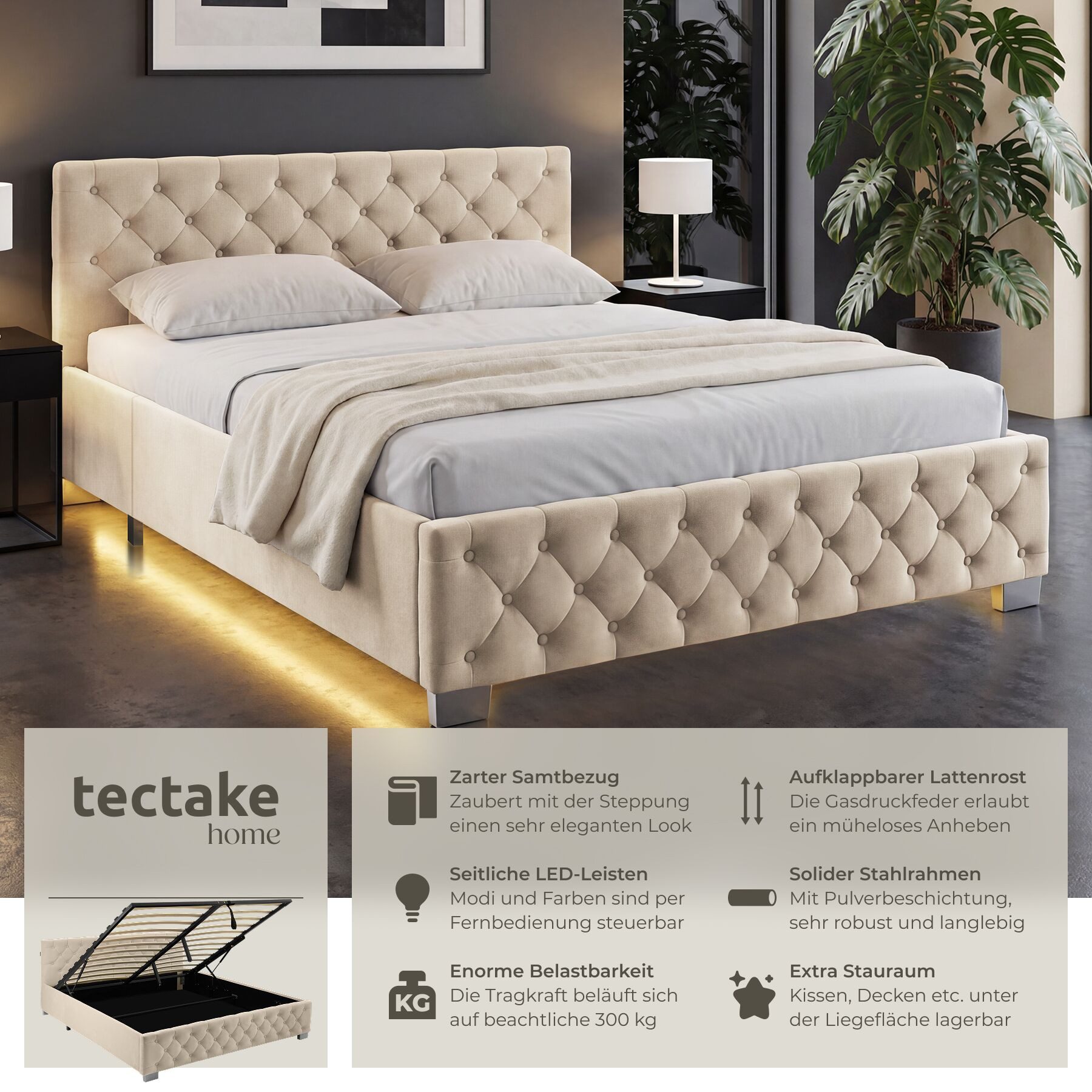 tectake Polsterbett Komfortbett mit LED-Leisten & Stauraum - Samtoptik mit Steppmuster (Bettset, in Samtoptik Sand), stabiler Stahlrahmen, Belastbarkeit 300 kg – Bild 2 von 5