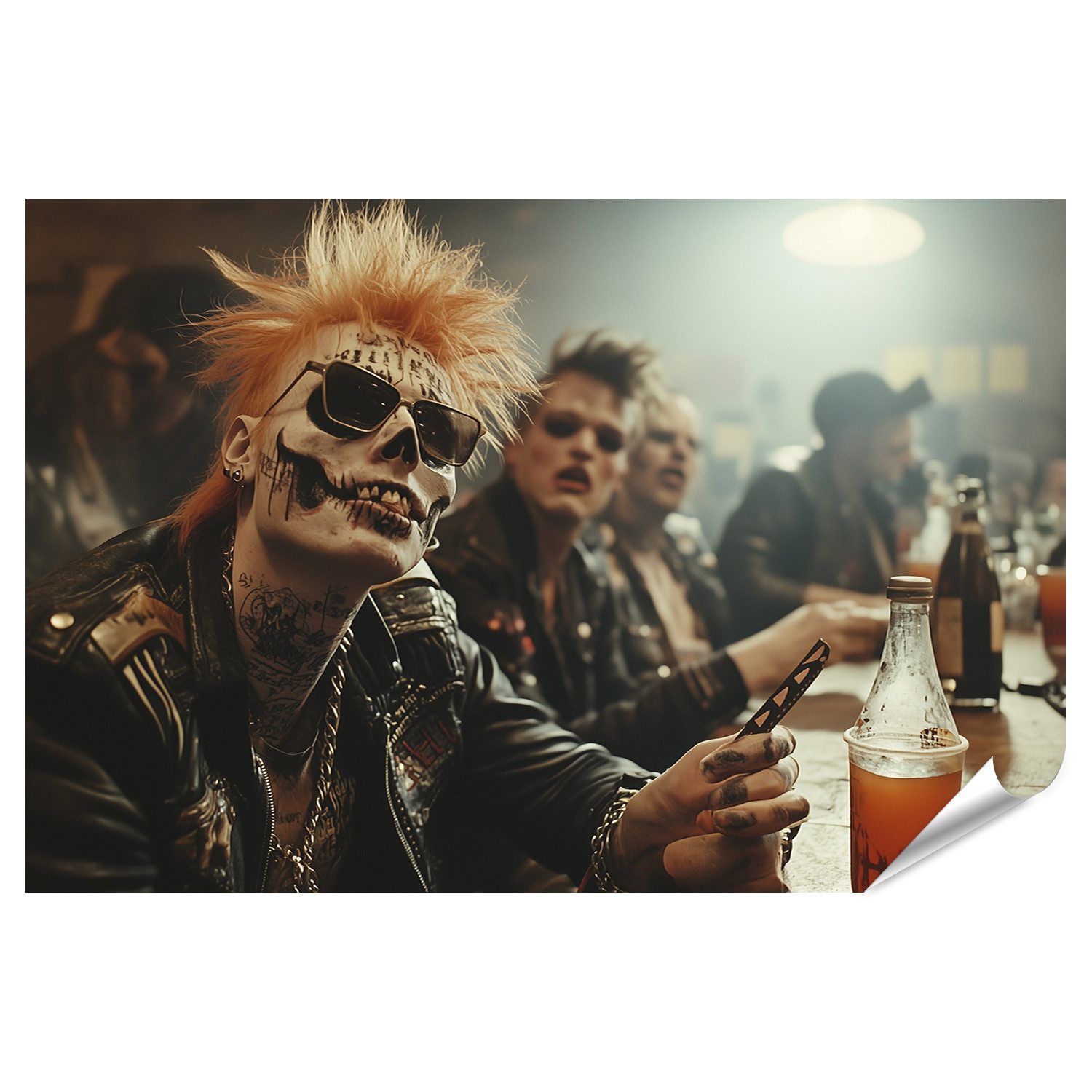 Poster Punkband in einer düsteren Bar mit Totenkopfmaske und Bier