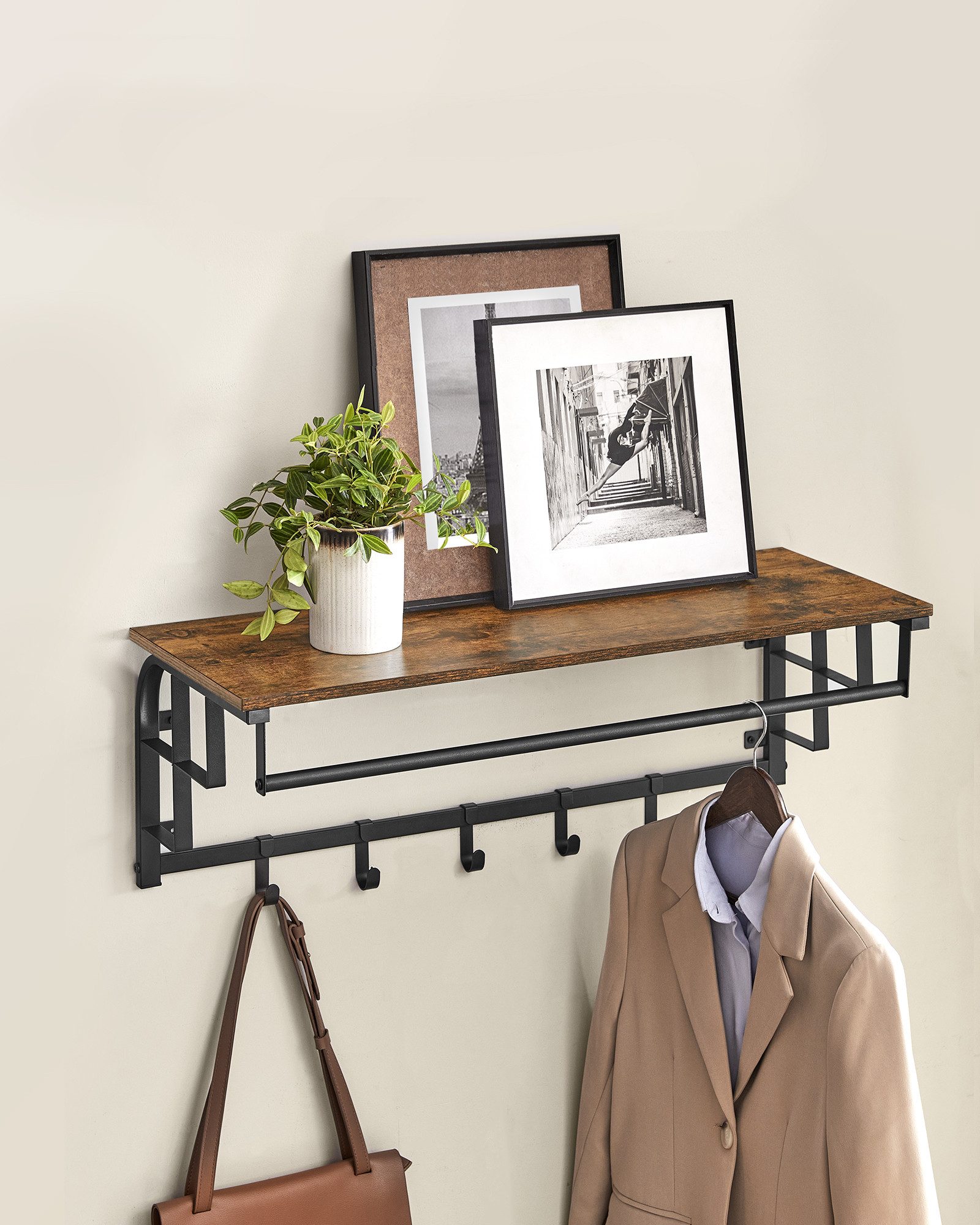 VASAGLE Wandgarderobe, Wandregal mit Haken, Länge 66 - 80 cm