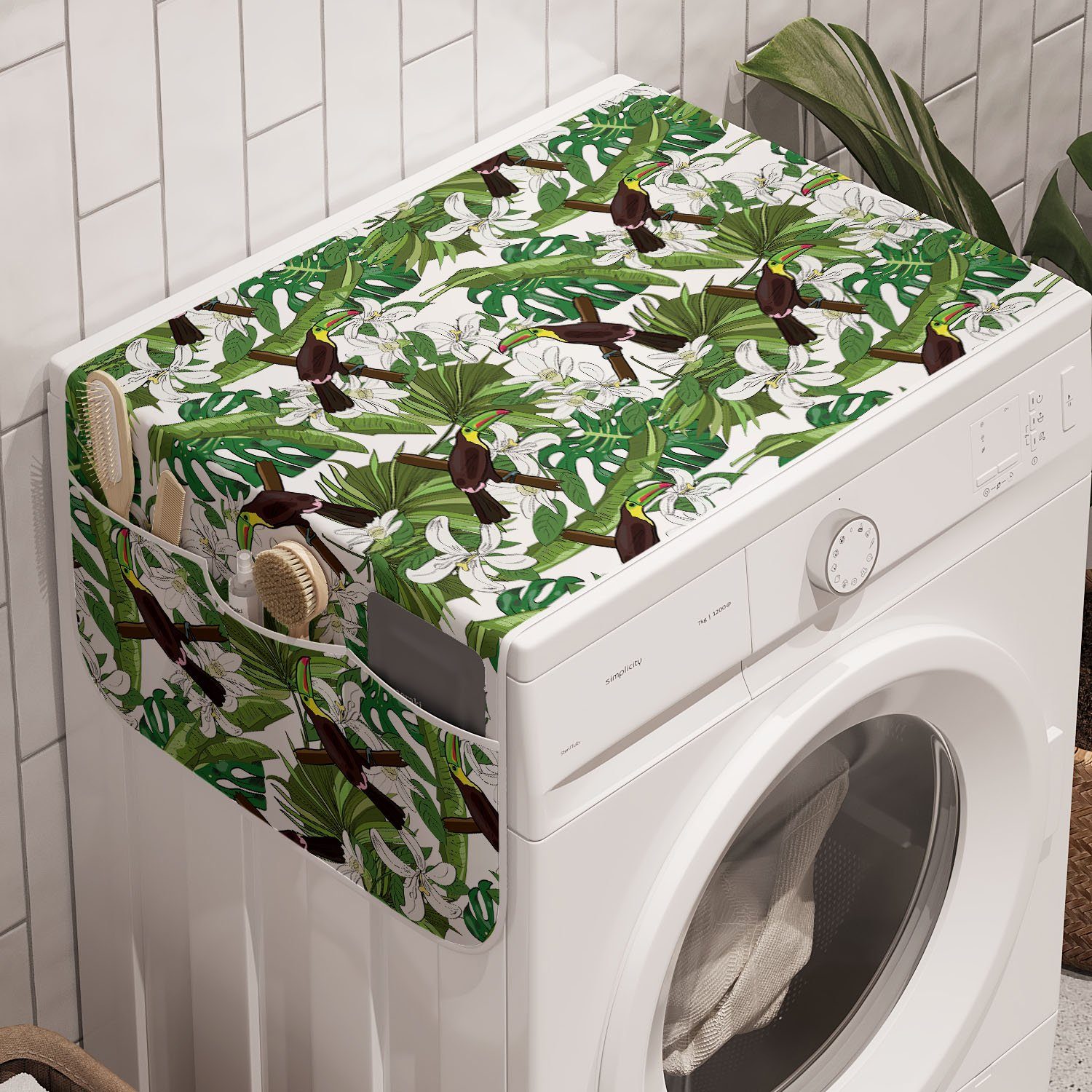 Abakuhaus Badorganizer Anti-Rutsch-Stoffabdeckung für Waschmaschine und Trockner, Botanische Toucan Vögel im Dschungel
