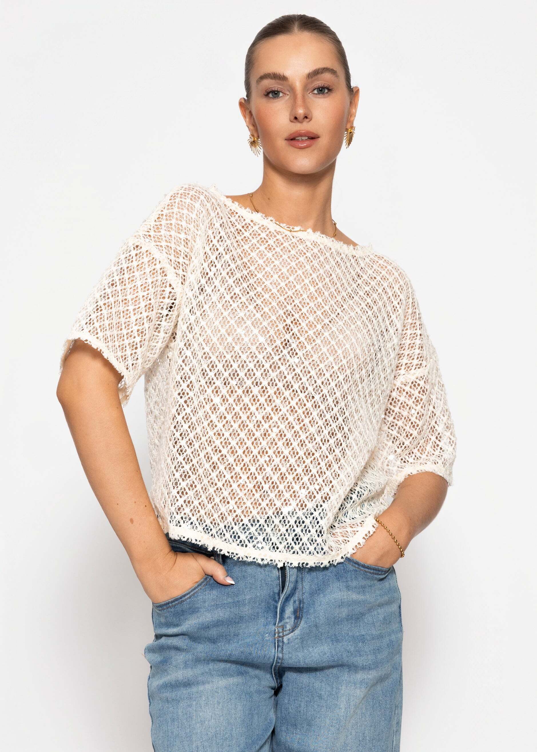 SASSYCLASSY T-Shirt Netz-Shirt mit Pailletten für Damen Modernes Kurzarmshirt in offener Strickart mit transparenter Optik