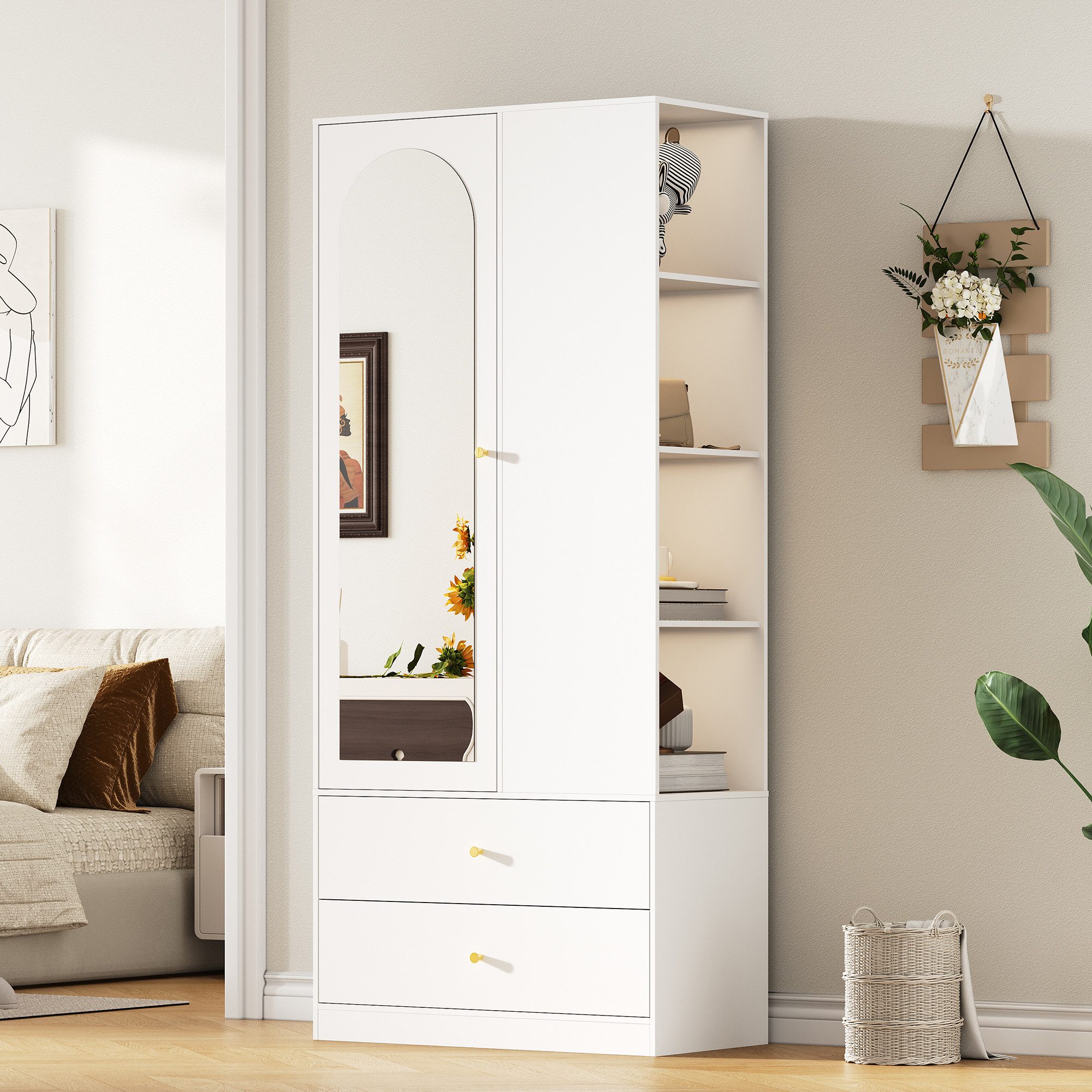Flieks Kleiderschrank mit Spiegel, 2 Schubladen, 1 Tür und 4 offenen Fächern (1-St., 80x40x180 cm) Garderobenschrank Drehtürenschrank Hochschrank Weiß