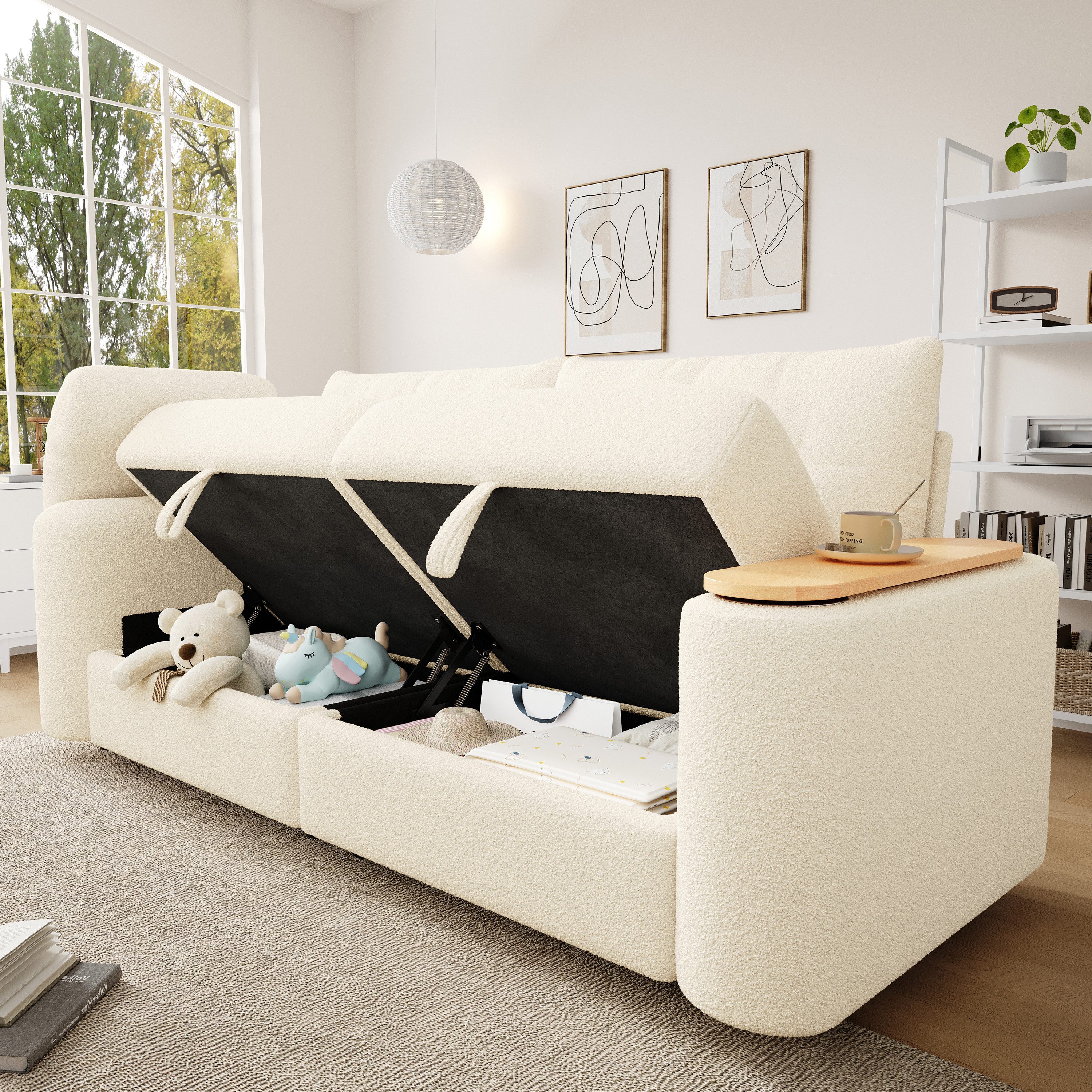 HAUSS SPOLE Schlafsofa Teddyplüsch 3-Sitzer Sofa Chaiselongue mit Beistelltisch für Apartment, Set 1 Teile, platzsparende Schlafcouch für Apartment, Wohnzimmer
