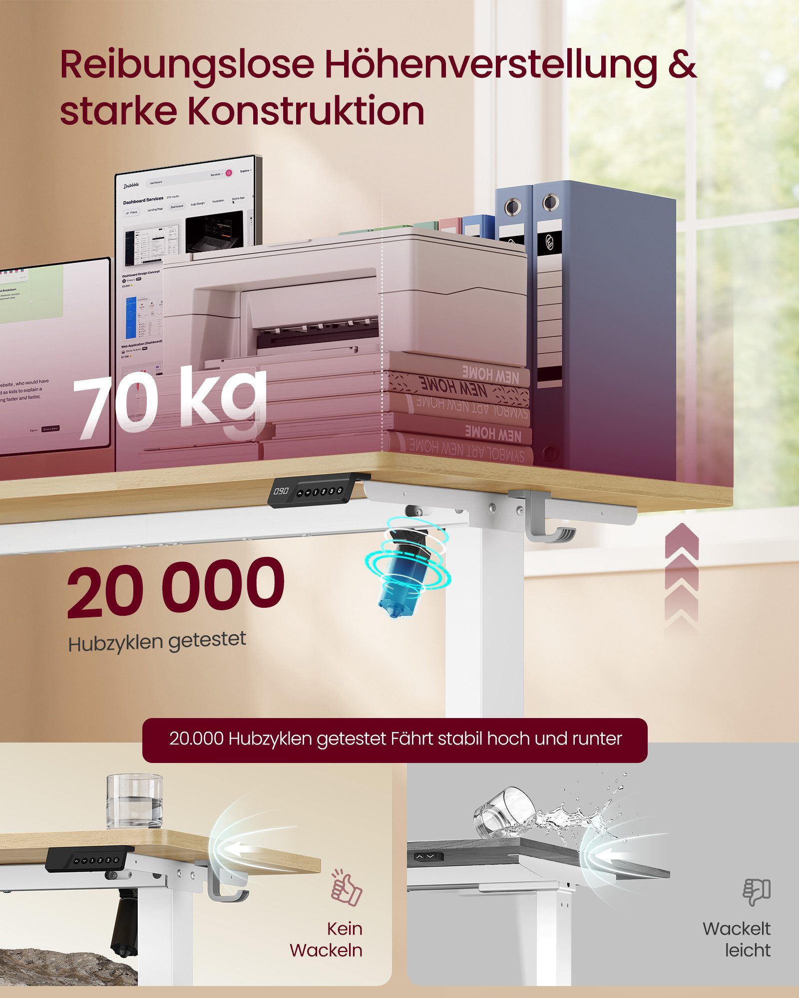 VASAGLE Schreibtisch Höhenverstellbarer, Erinnerung bei langem Sitzen, Stehtisch, Computertisch, Memory-Funktion mit 4 Höhen – Bild 5 von 5