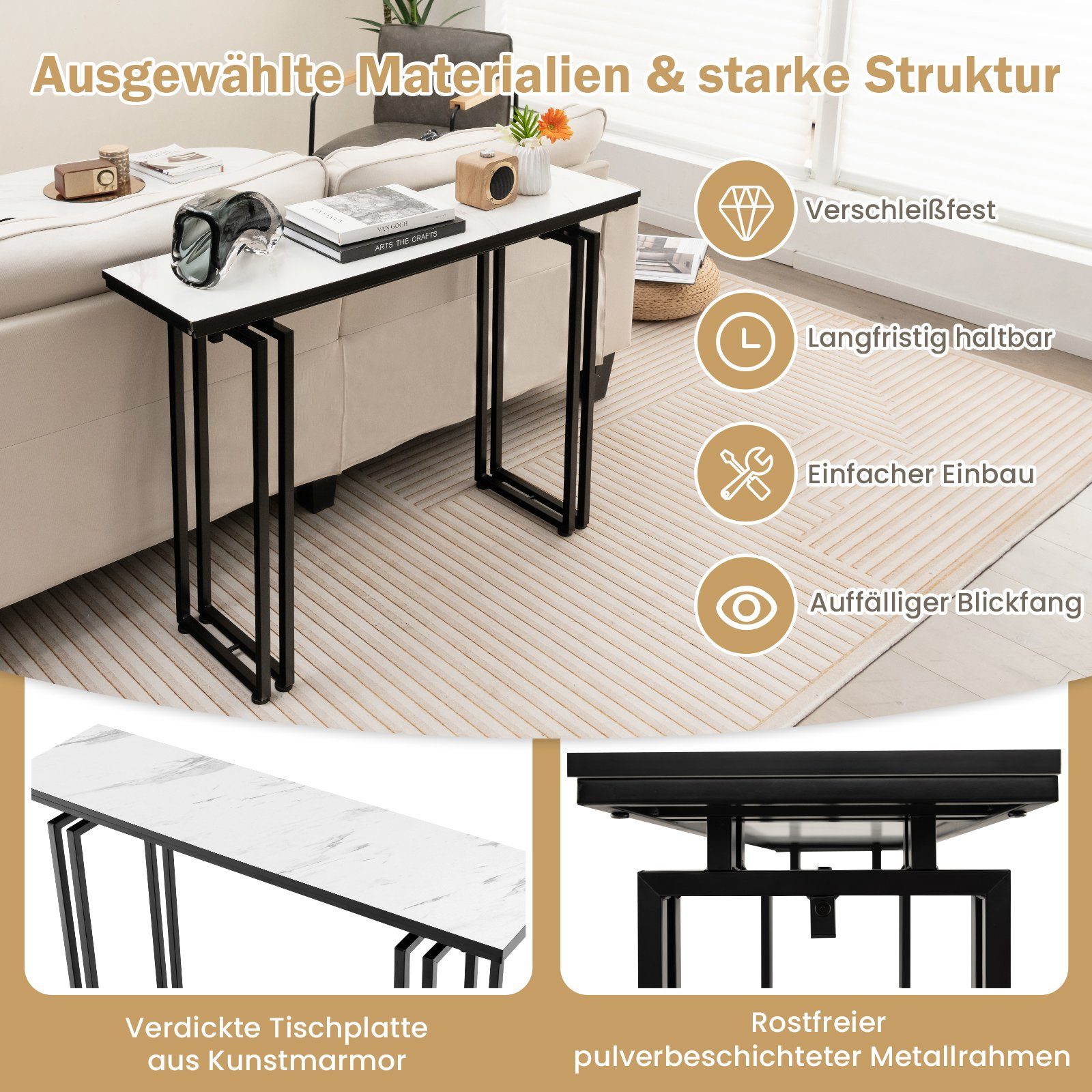 COSTWAY Konsolentisch, Mamor, schmal, Metallrahmen, 110x30x81cm, Schwarz