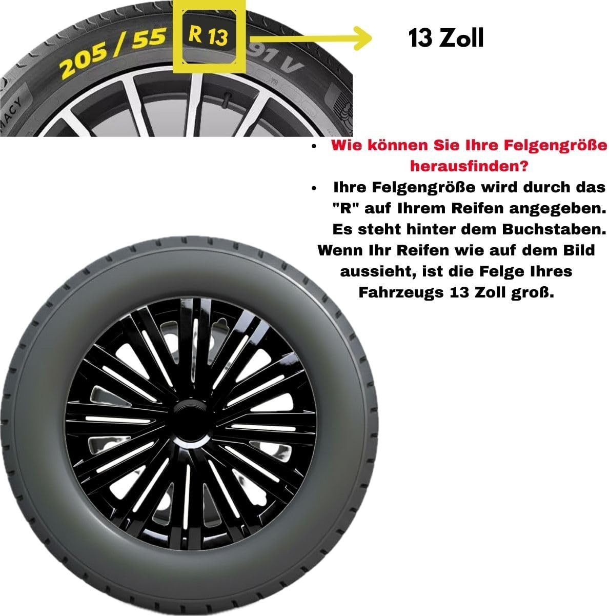 Trimak Radkappen 13-14-15-16 Zoll 4er Set Radzierblenden Silber Schwarz Schlagfest, Schwarz / 14-Zoll-Radkappen, ABS Kunststoff, Schlagfest, Hochwertig