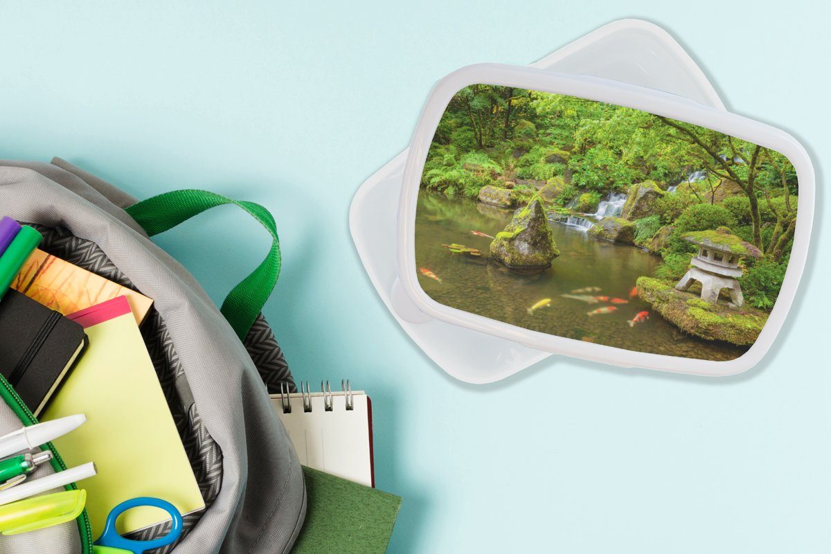 Erwachsene, Wasser, weiß Jungs und Koi Lunchbox Kinder Moos Japanische - für für Wasserfall - Laterne - Mädchen Kunststoff, - (2-tlg), MuchoWow Brotdose, und Brotbox