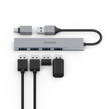 Hama USB Hub mit Adapter, 4 Ports mit USB C und USB A Stecker, Slim, grau USB-Adapter USB Typ A, USB Typ C zu USB Typ A, 15 cm