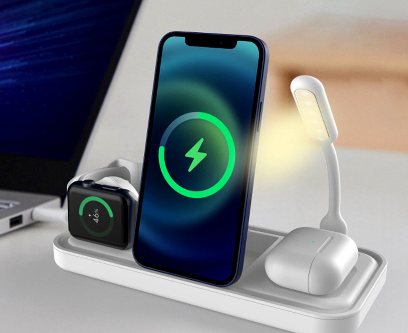 NEWQI Faltbare 3-in-1 Wireless Charging Station mit LED-Lampe und Ventilator Wireless Charger (2000,00 mA, Kompaktes 3-in-1 Set: Wireless Charger, USB-C Kabel, Bedienungsanleitung, 3-in-1 Wireless Charging Station, USB-C Kabel, Bedienungsanleitung, Wirele