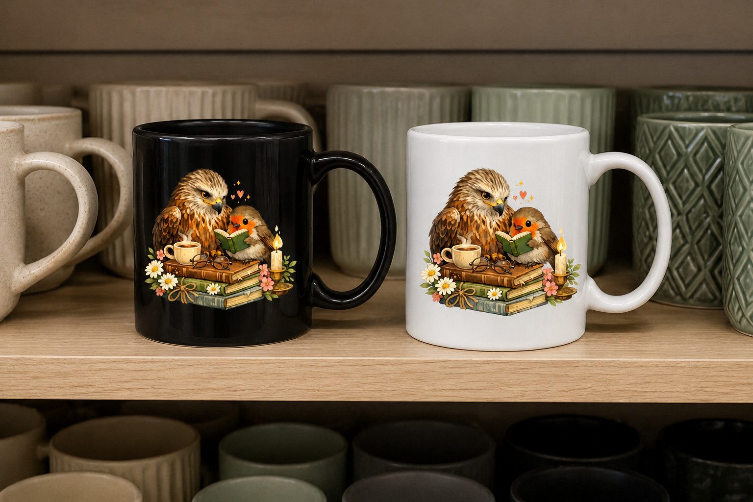 Blondie & Brownie Tasse MilanRotkälchen Keramikbecher Waldvögel Bücher Print Motiv, 1-tlg., Keramik, MilanRotkälchen_Tasse Leseglück Naturzauber