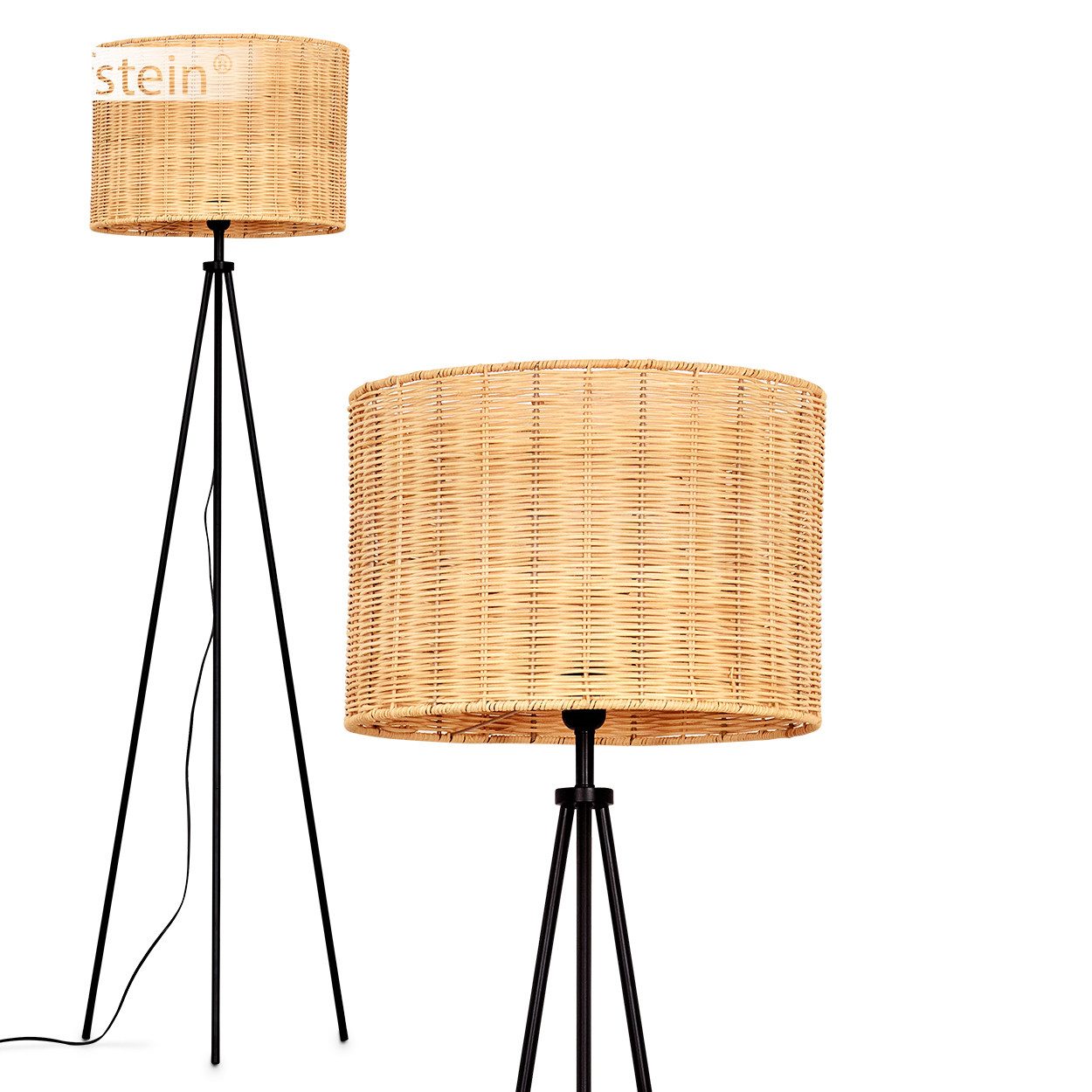 hofstein Stehlampe Stehlampe aus Holz/Korbgeflecht/Rattan in Naturfarben/Schwarz, ohne Leuchtmittel, mit rundem Schirm (40 cm) u. Fußschalter, 1x E27, ohne Leuchtmittel