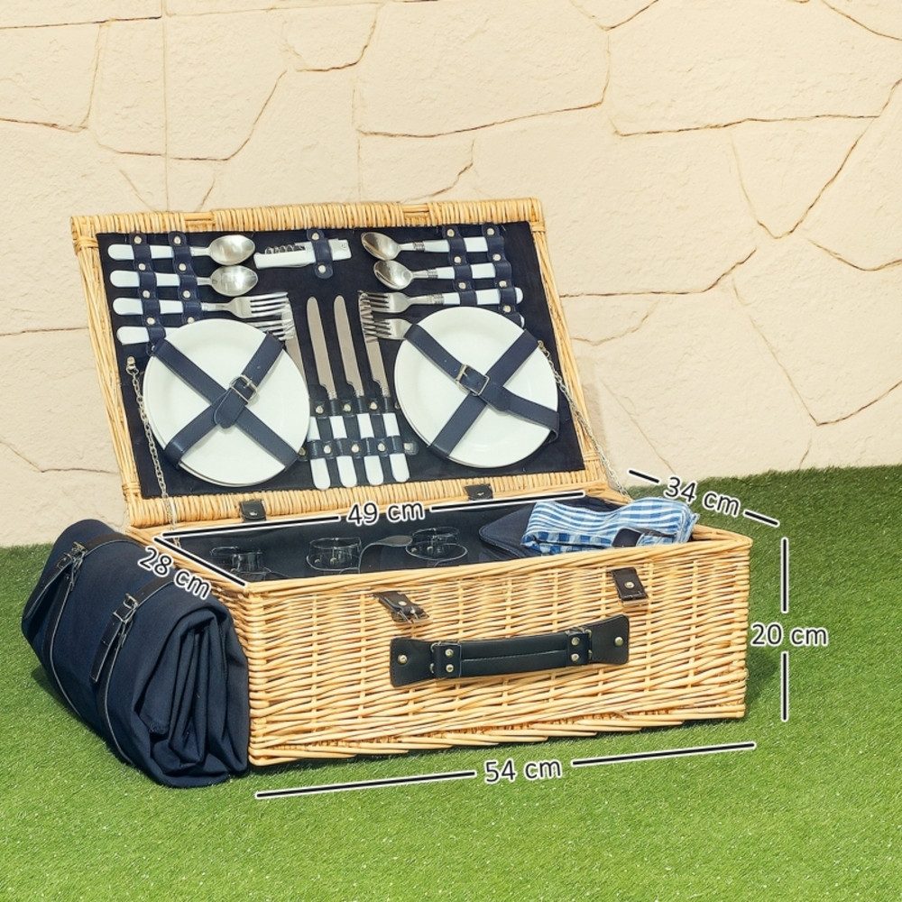 CHICFURN Picknickkorb Picknickkoffer aus Weidenholz für 4 Personen mit Kühlfach (Packung, 1 St., Inklusive Besteckset, Picknickdecke und Zubehör für Camping & Strand), Komplettes Picknickset aus Naturholz für Freizeit und Reisen