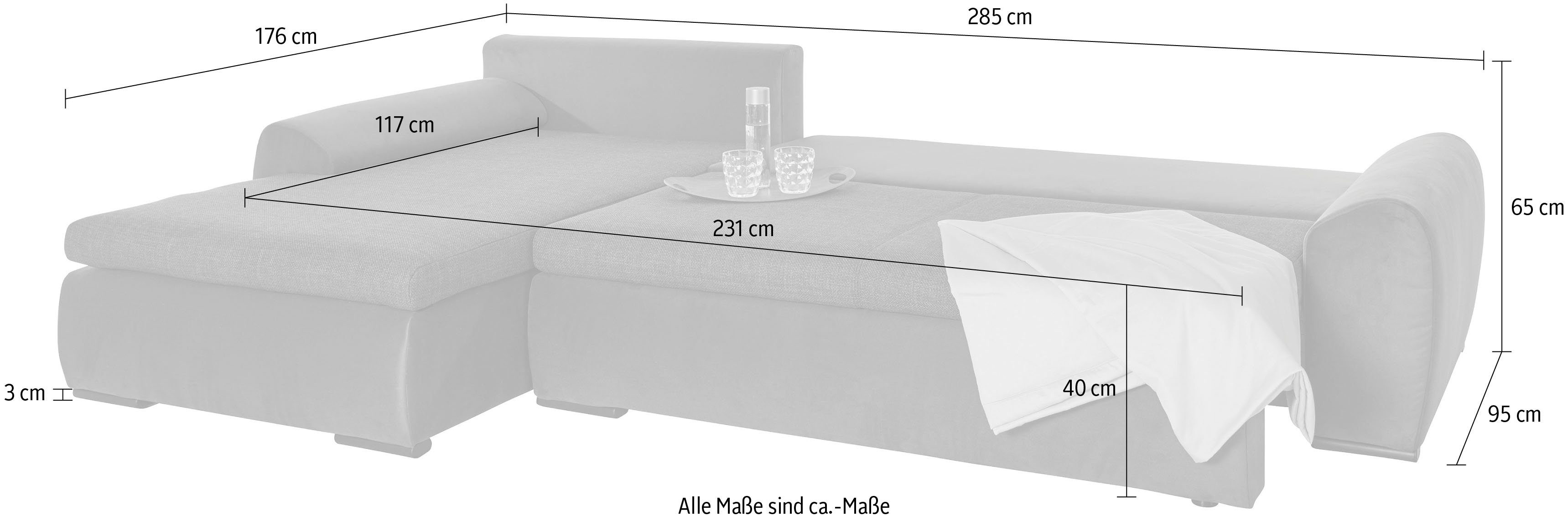 Bettfunktion Bettkasten und mit affaire Ecksofa Home Win, wahlweise