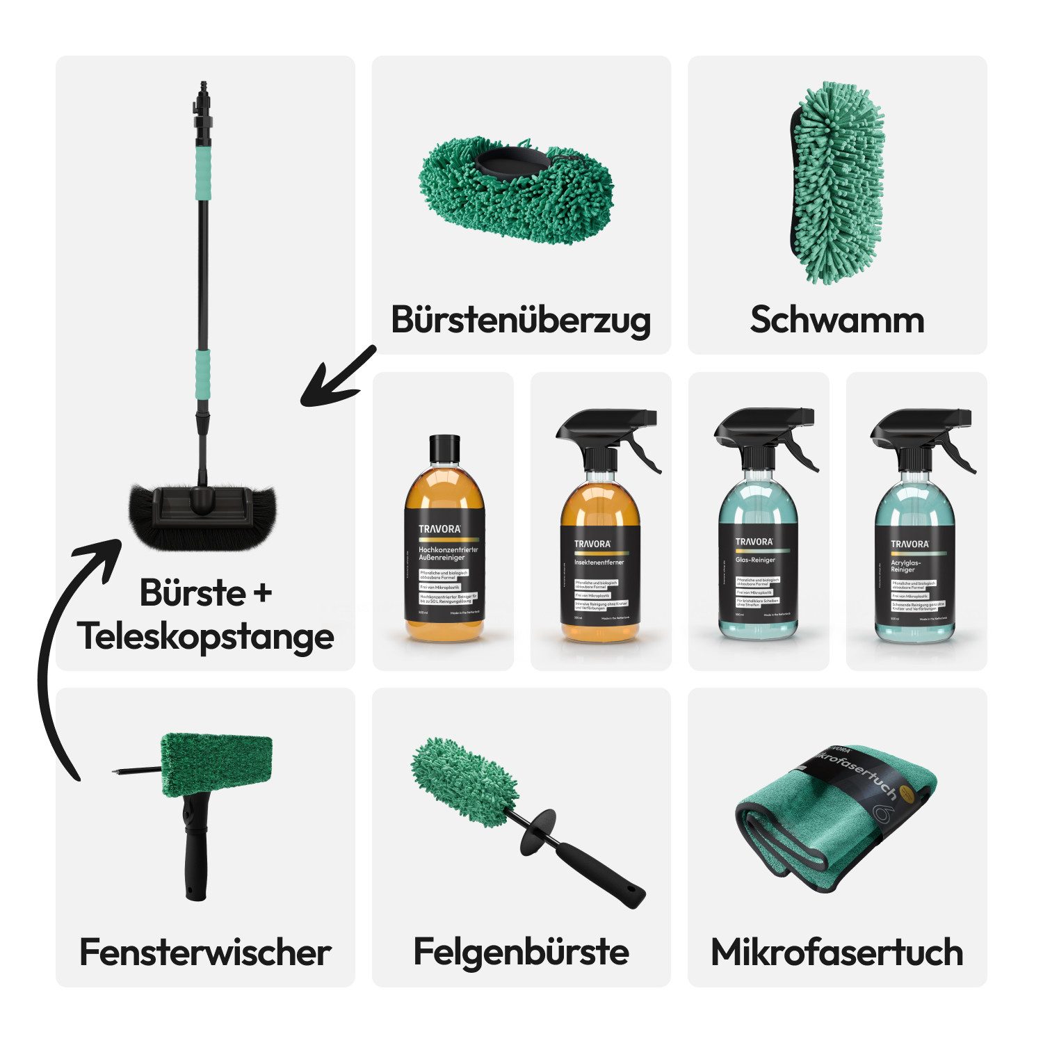 TRAVORA Reinigungs-Set Premium Caravan- und Autoreinigungsset -7-teilig inkl. Teleskopbürste, (11-St)